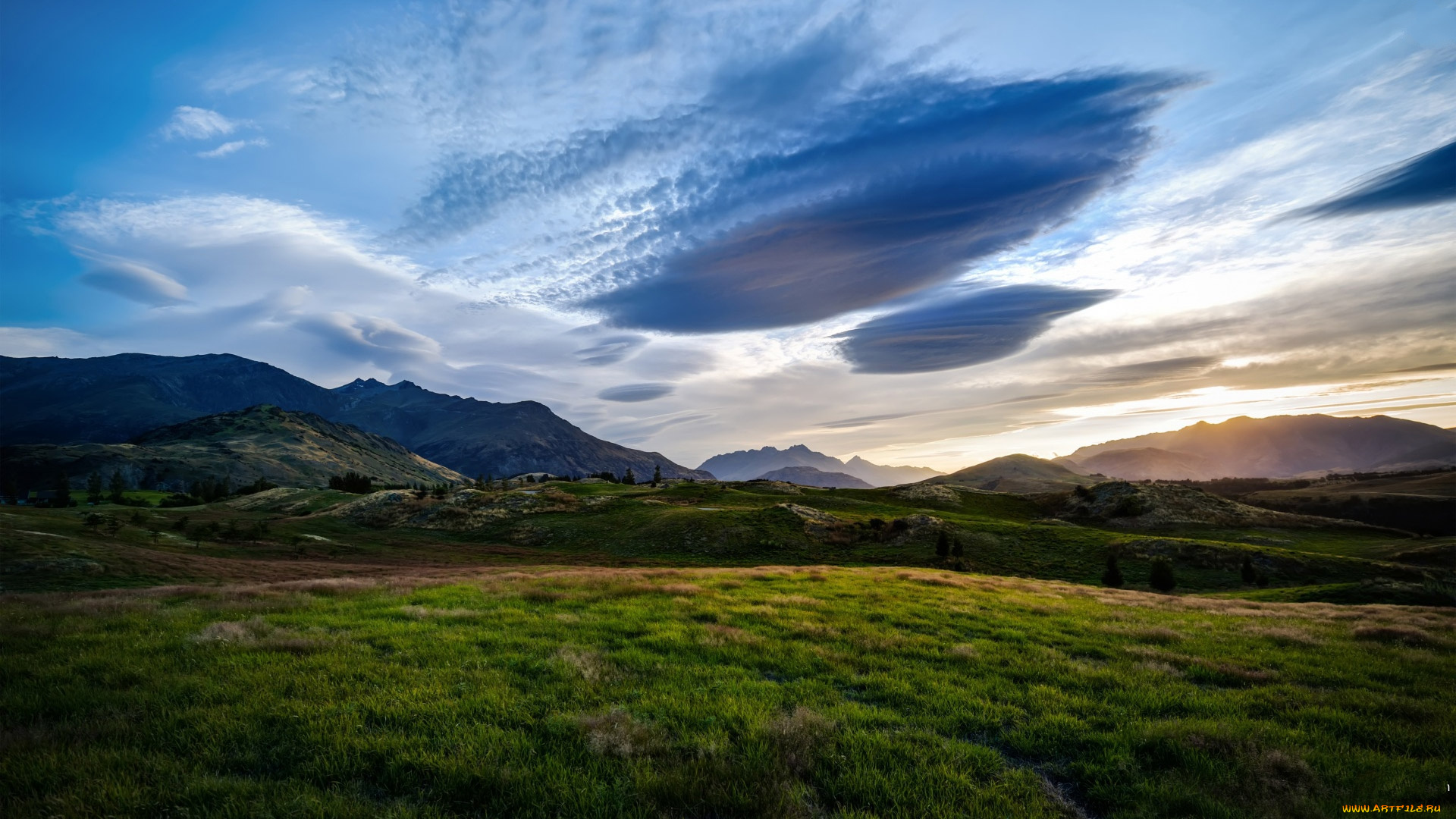 природа, луга, тучи, горы, луг, трава