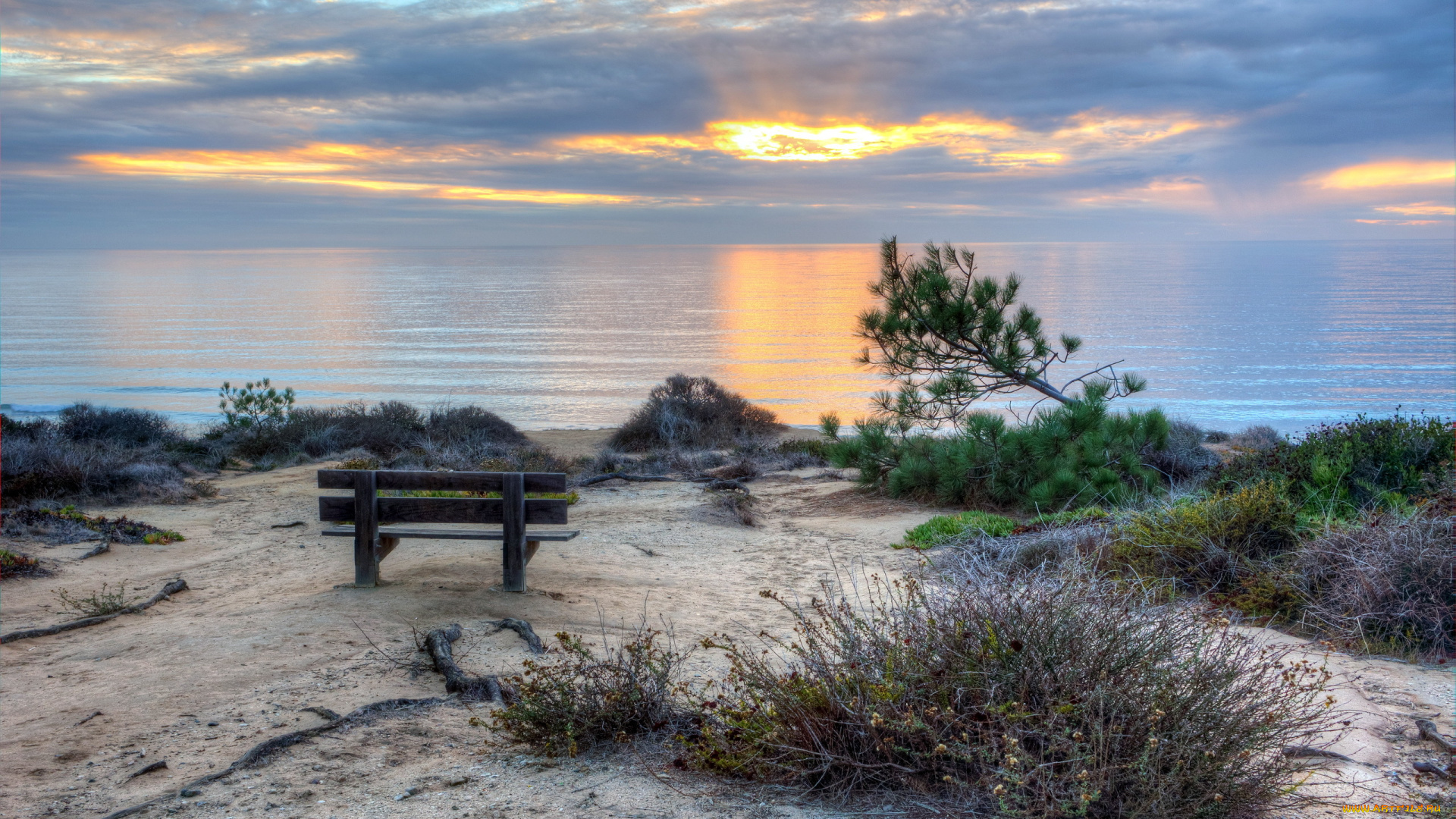 природа, побережье, море, скамья, пейзаж, закат