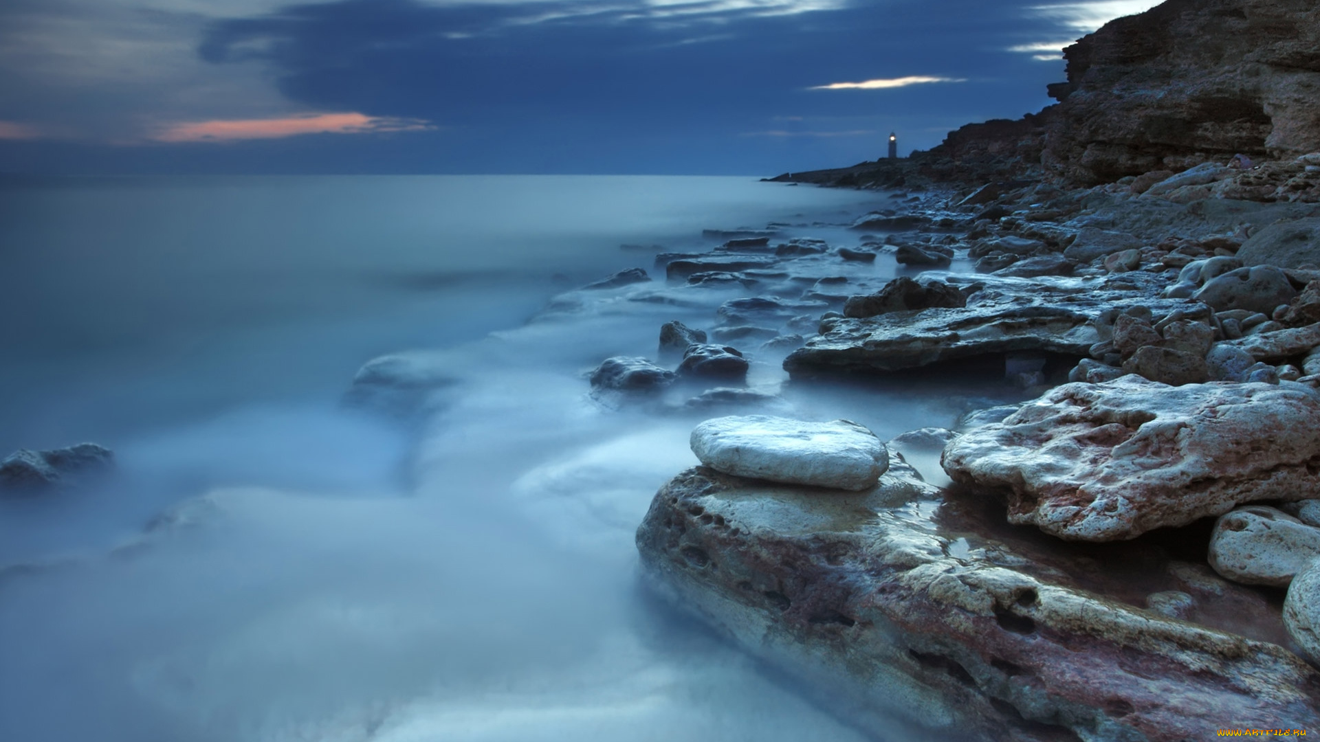 природа, побережье, океан, камни, скалы, тучи, маяк