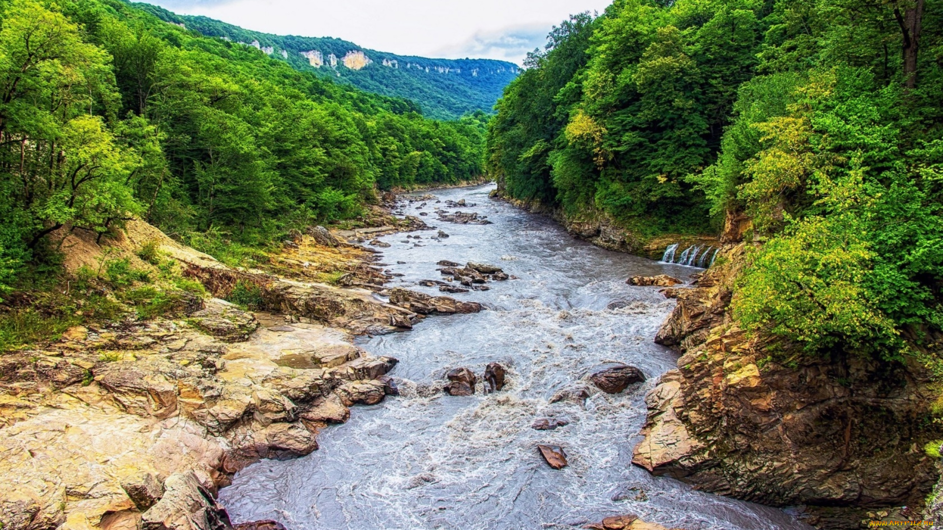 природа, реки, озера, поток, камни, лес, река, горы