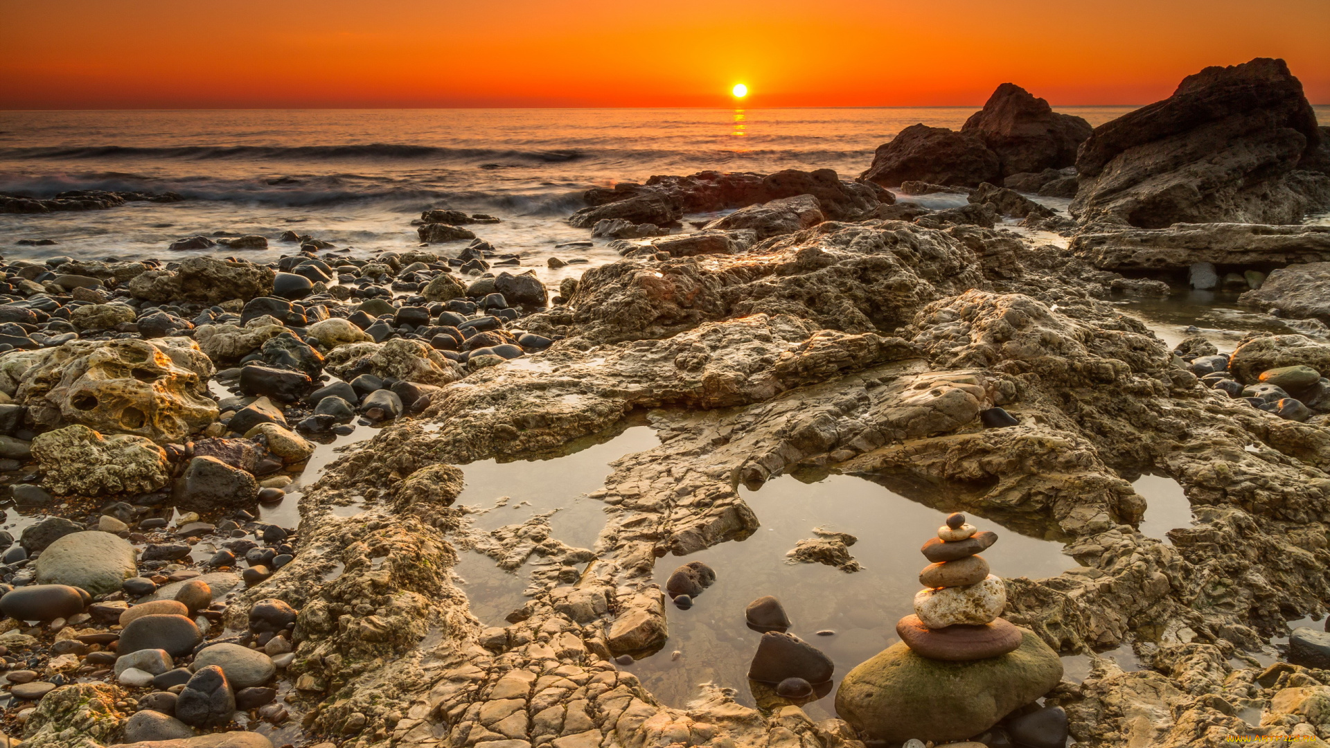 природа, восходы, закаты, отлив, камни, галька, зарево, закат, океан