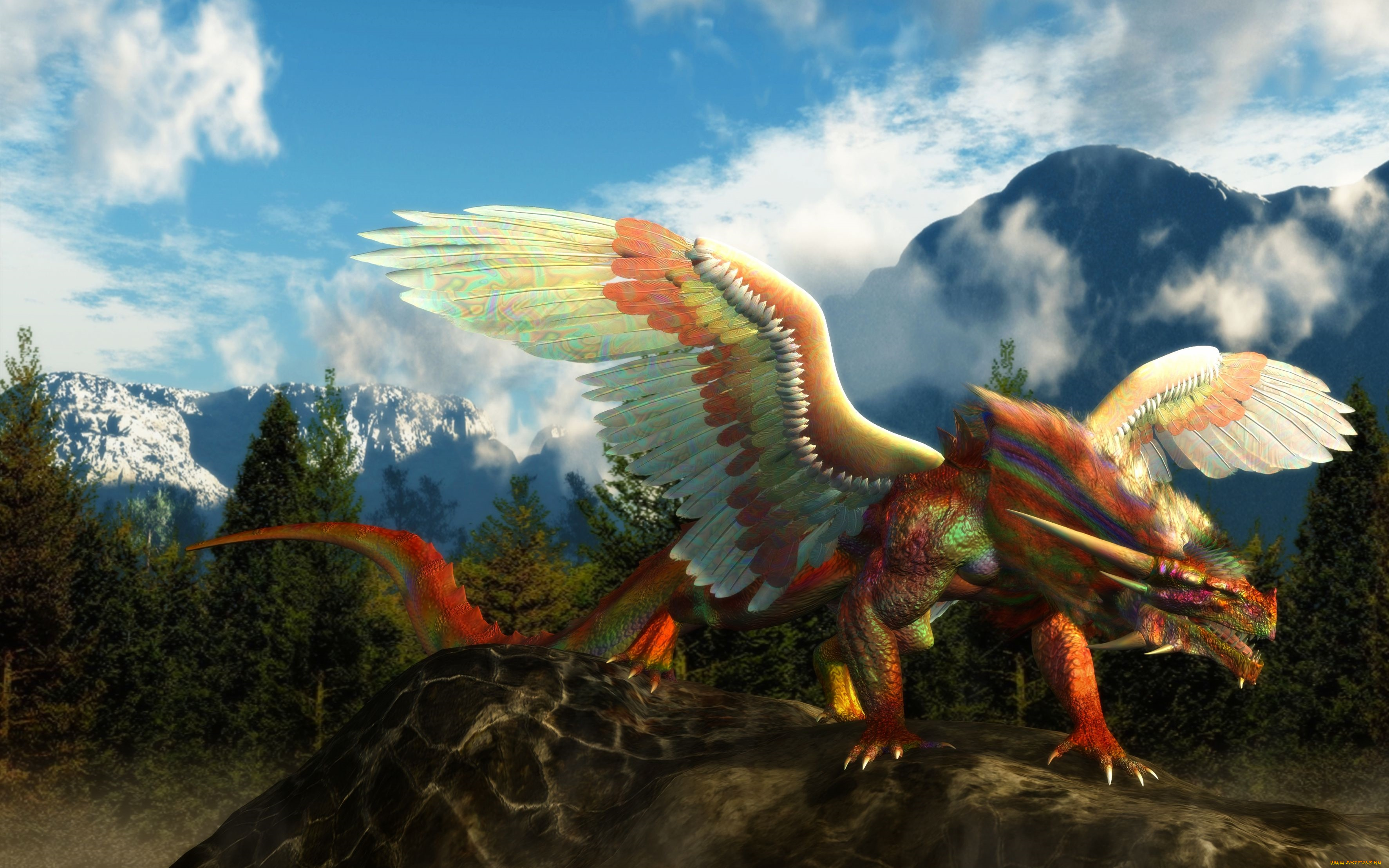 3д, графика, creatures, существа, дракон, цветной, крылья, пасть, рога