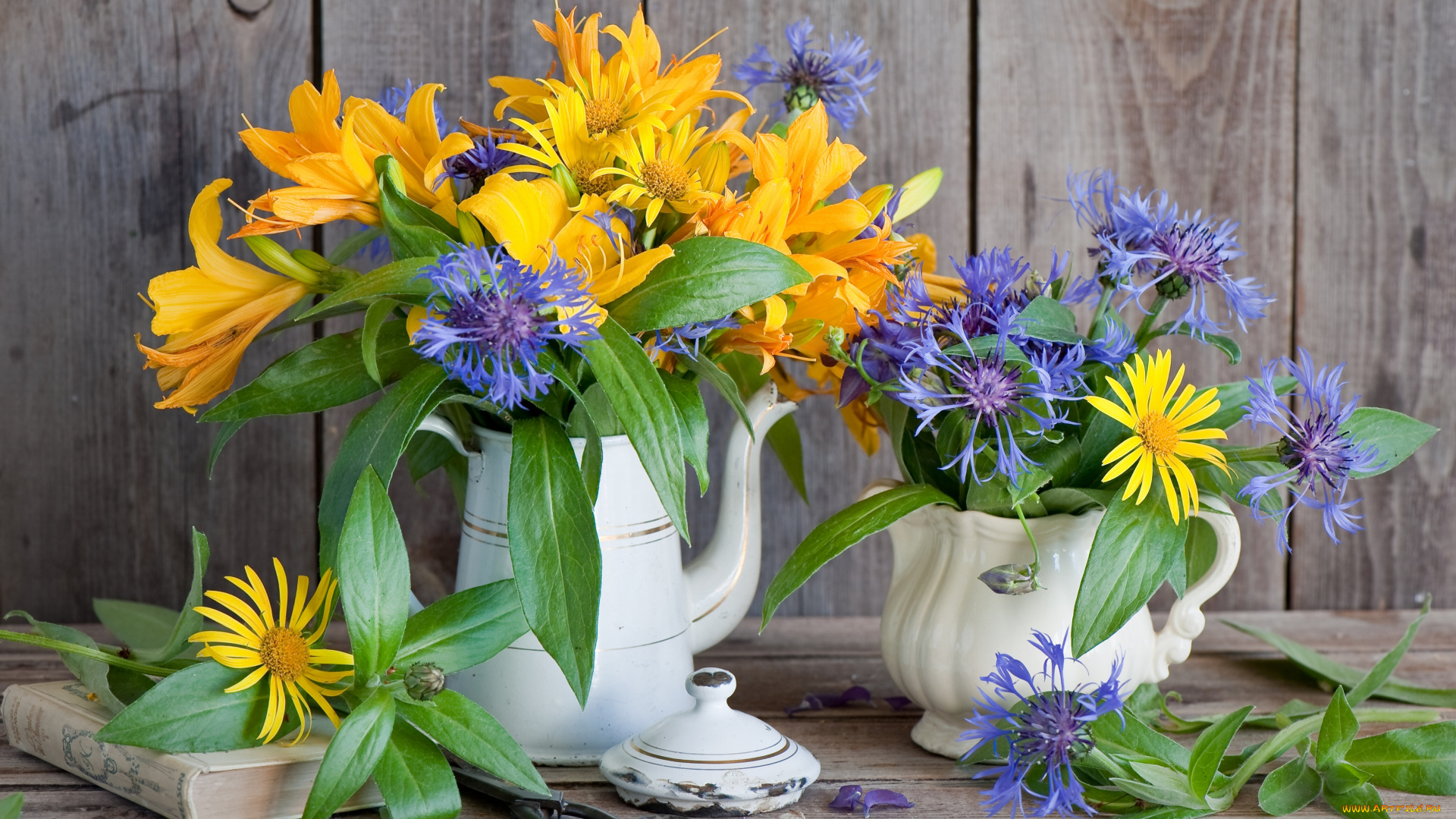 цветы, разные, вместе, букет, ножницы, книга, лилии