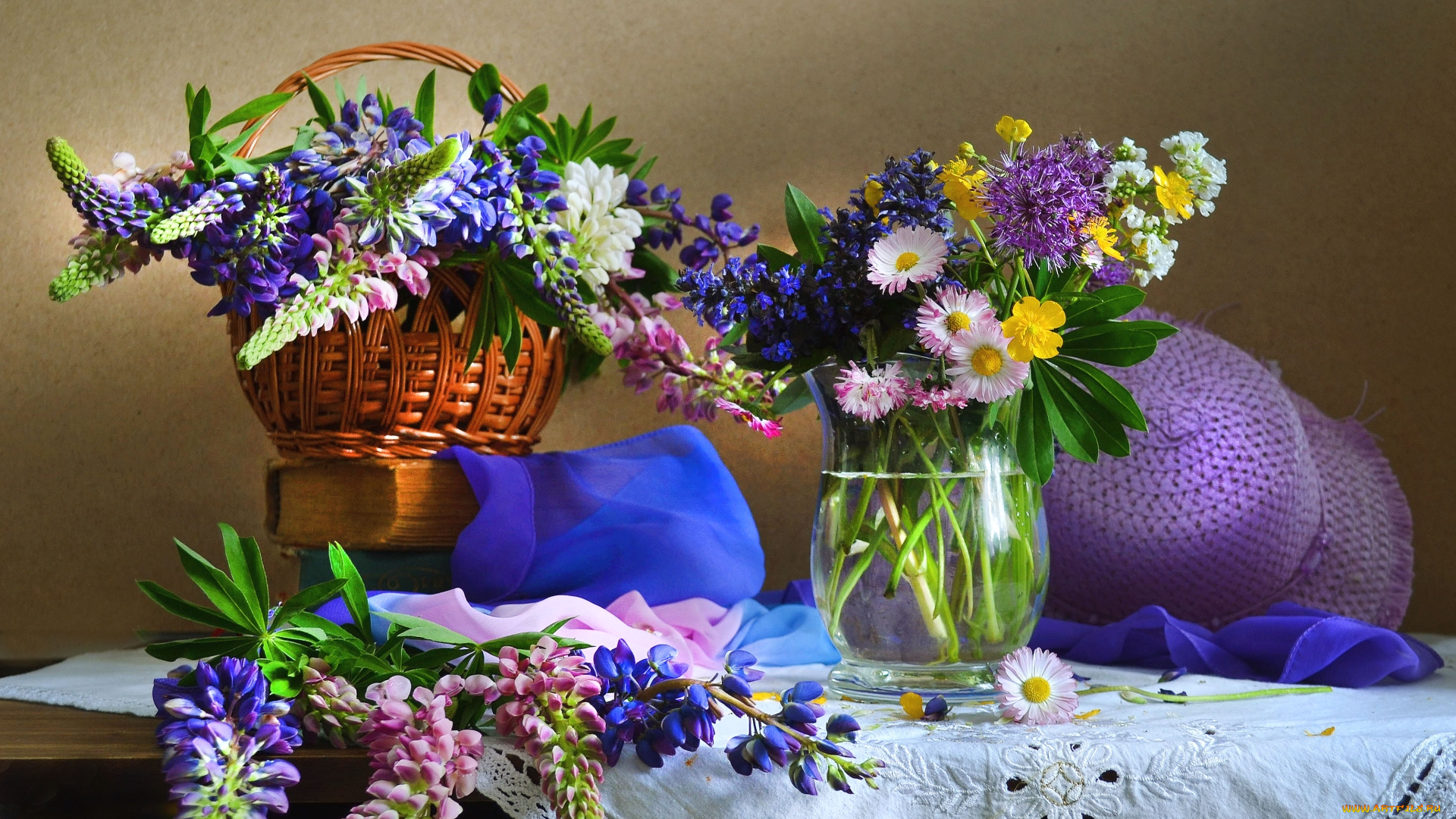 цветы, разные, вместе, люпин, маргаритки, алиум