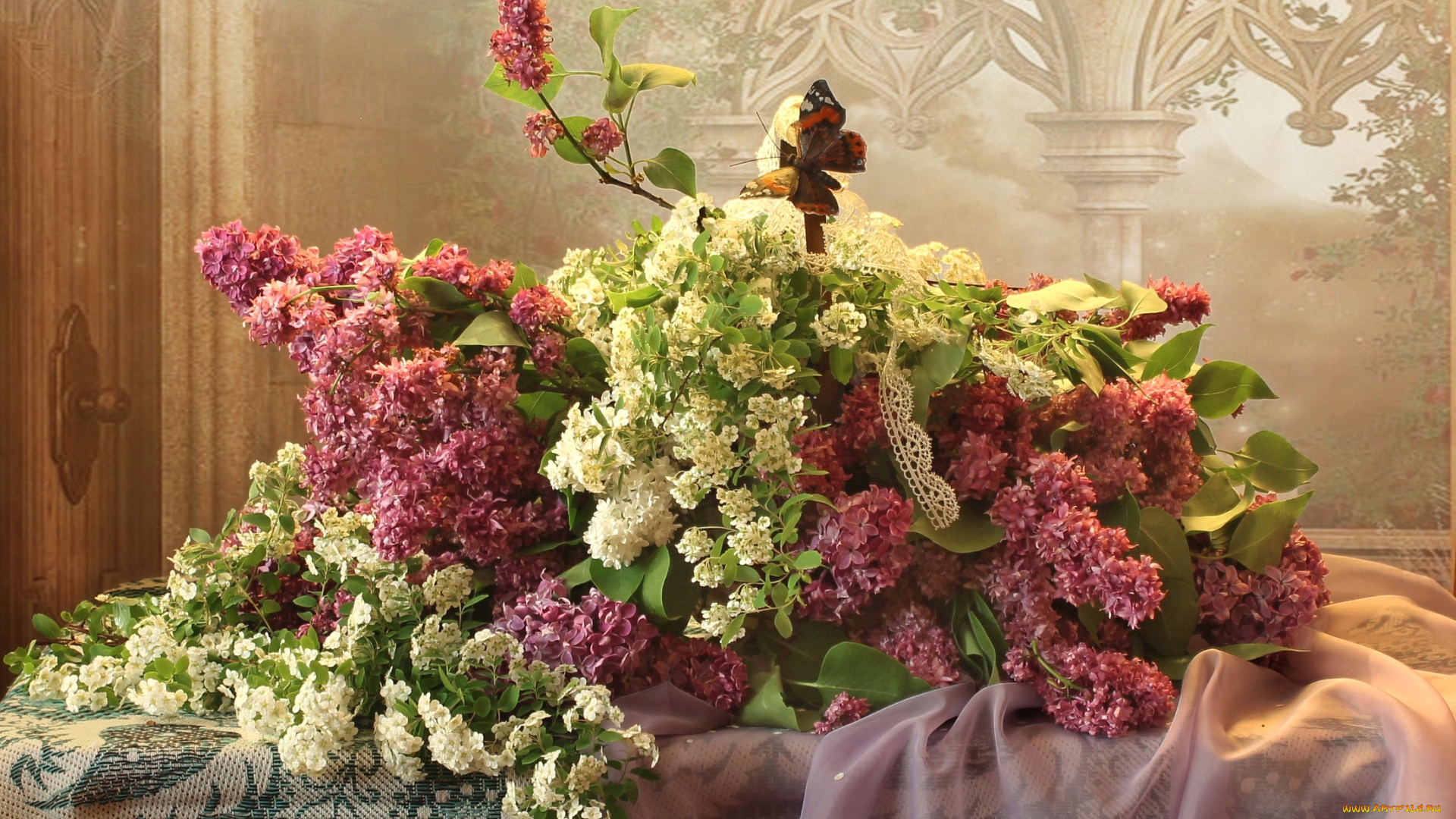 цветы, разные, вместе, сирень, охапка