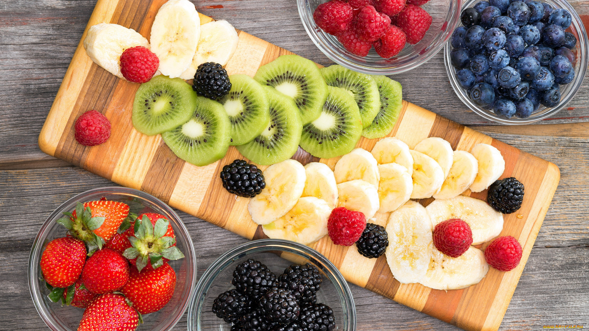 еда, фрукты, , ягоды, бананы, киви, ежевика, голубика