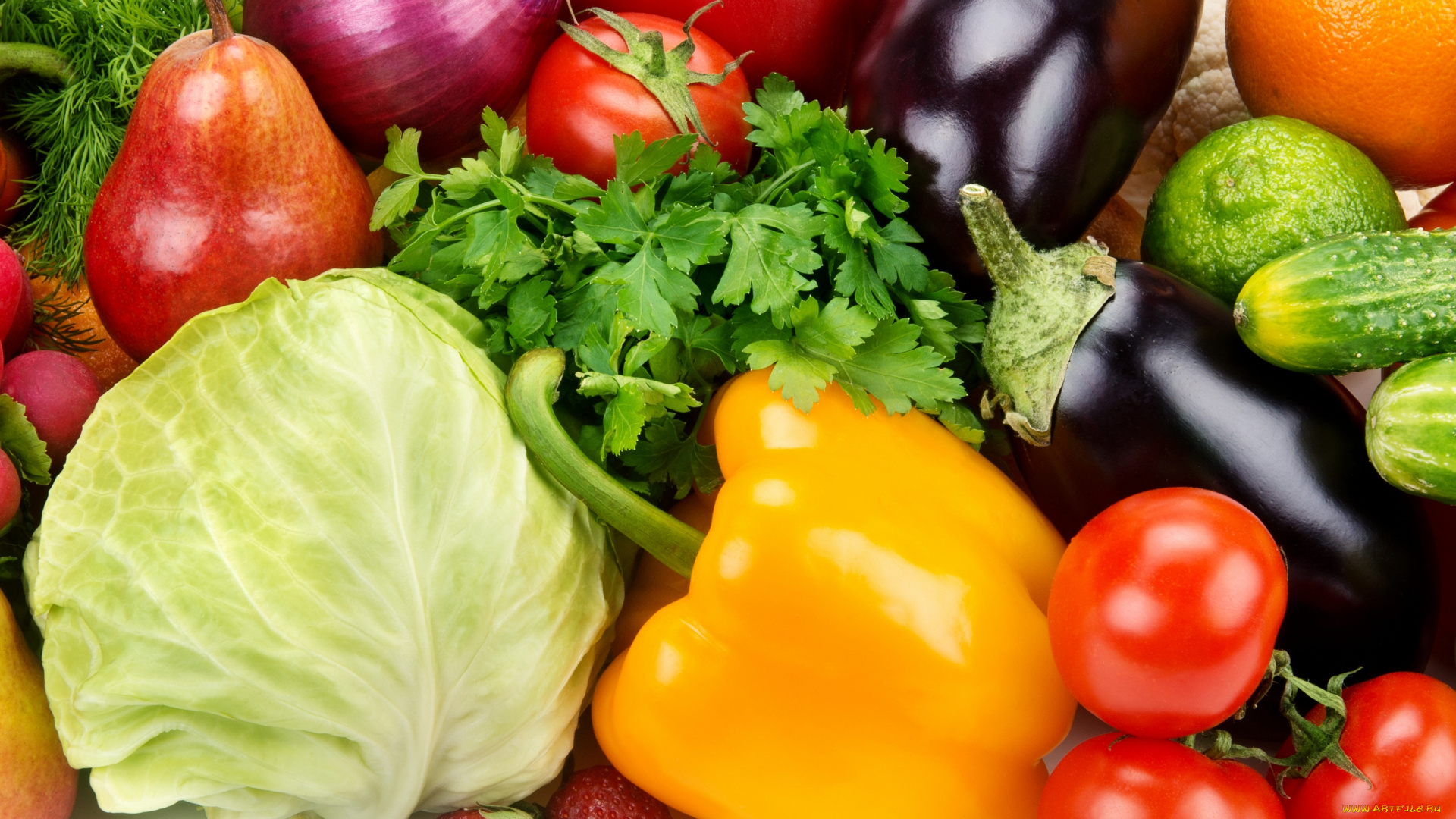 еда, фрукты, и, овощи, вместе, огурцы, помидоры, капуста, овощи, фрукты, паприка, груши, редиска, петрушка, баклажаны