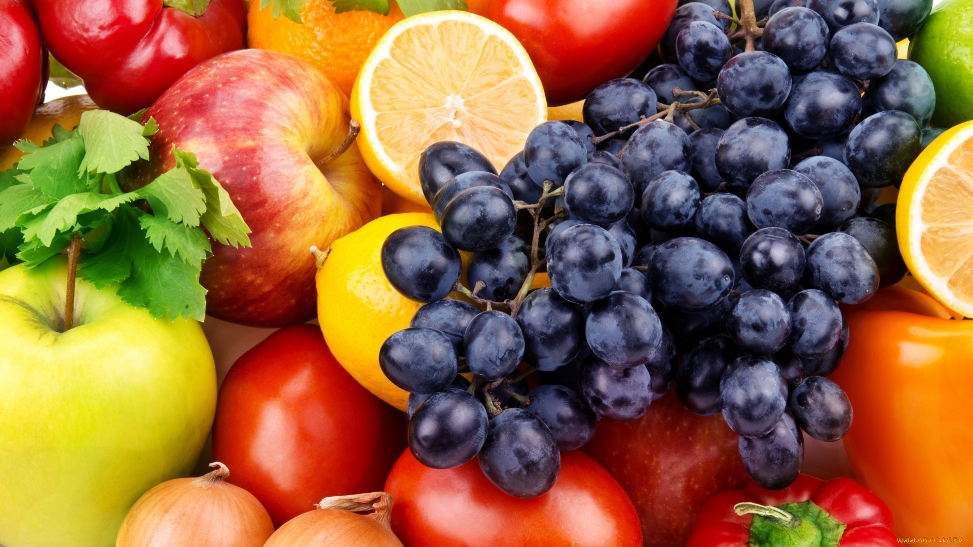 еда, фрукты, и, овощи, вместе, паприка, помидоры, лимоны, фрукты, яблоки, виноград, овощи