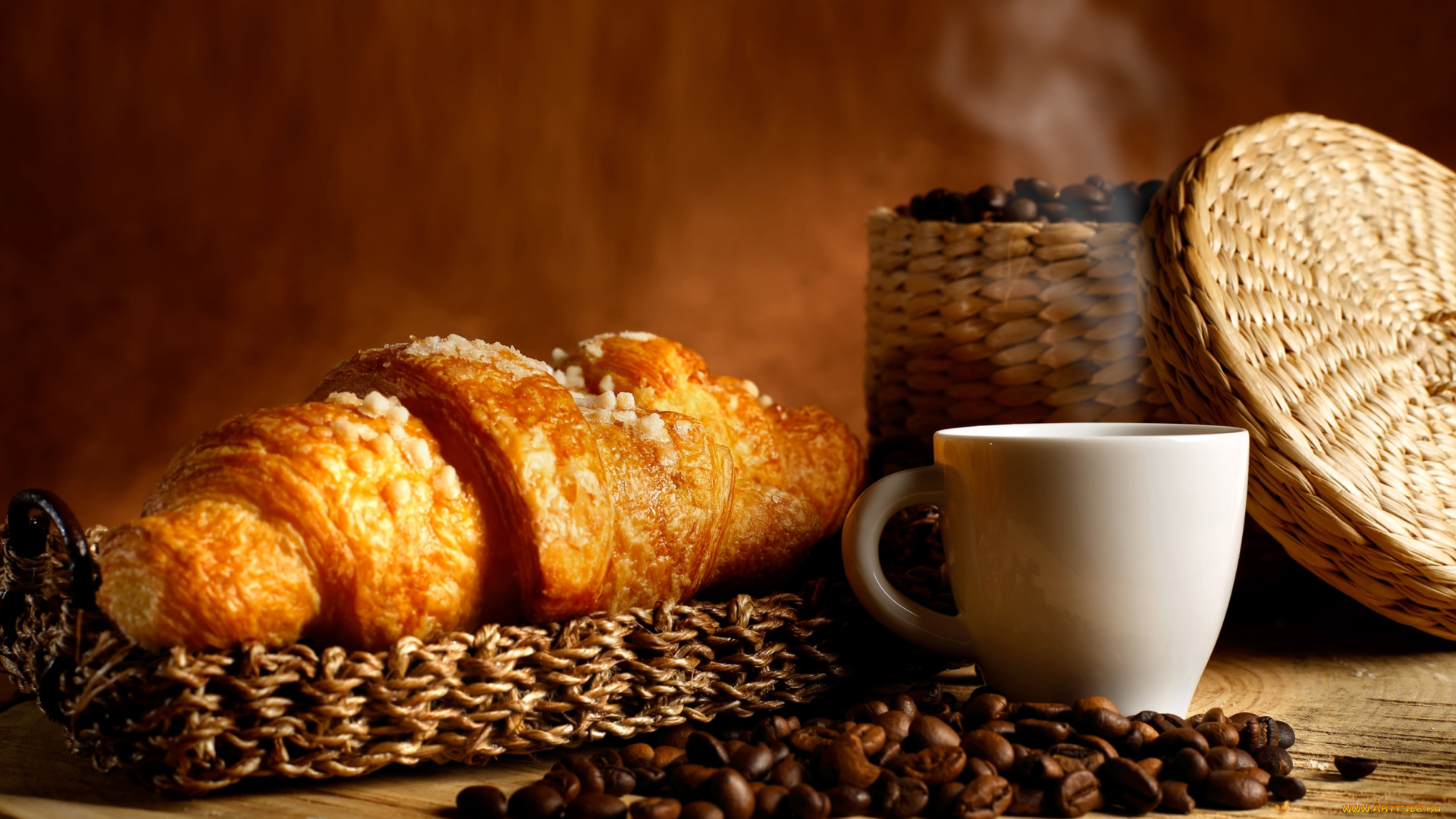 еда, кофе, , кофейные, зёрна, чашка, круассан