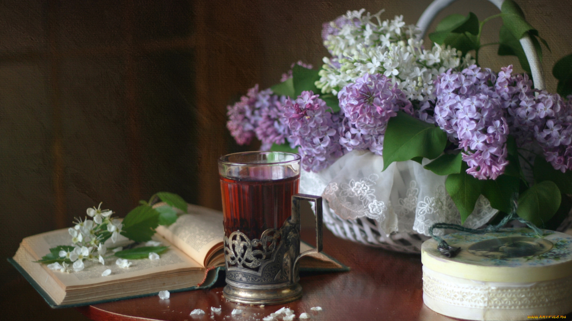 еда, напитки, , Чай, книга, стакан, сирень