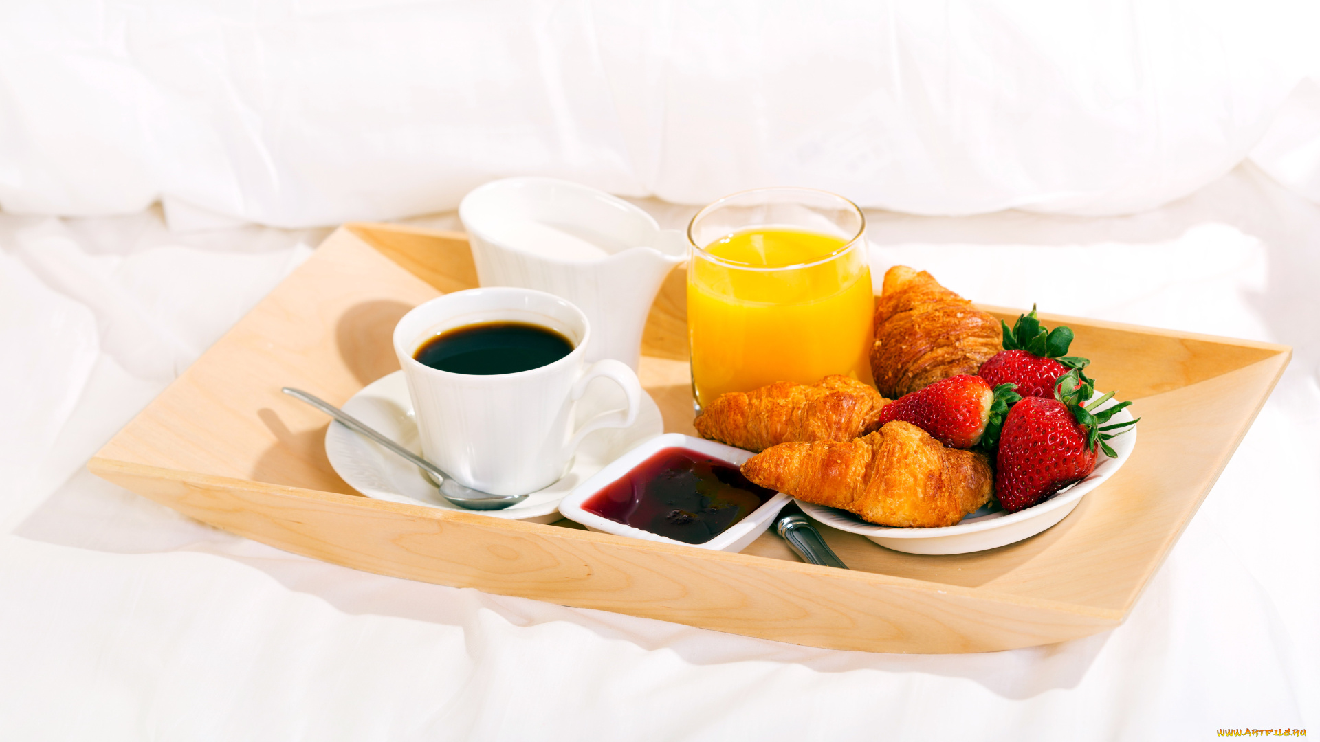 еда, разное, джем, клубника, круассаны, сок, кофе, сливки