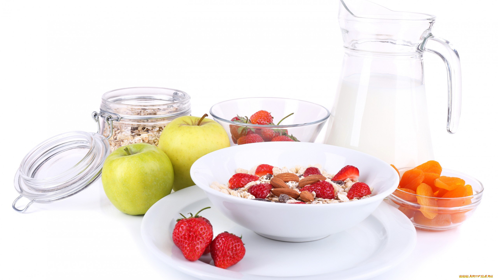 еда, разное, курага, клубника, яблоки, молоко, мюсли