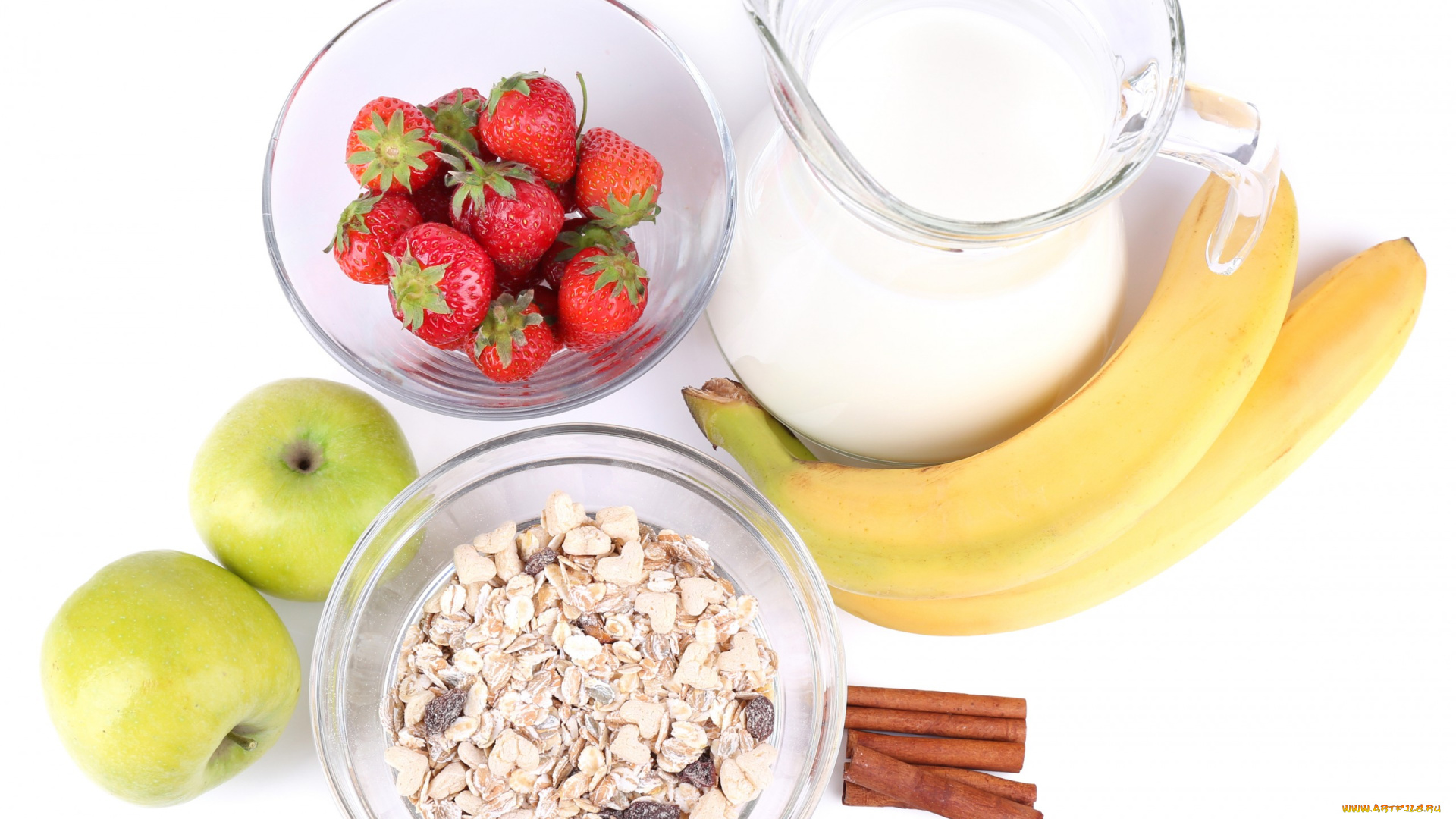 еда, разное, яблоки, бананы, молоко, мюсли, клубника