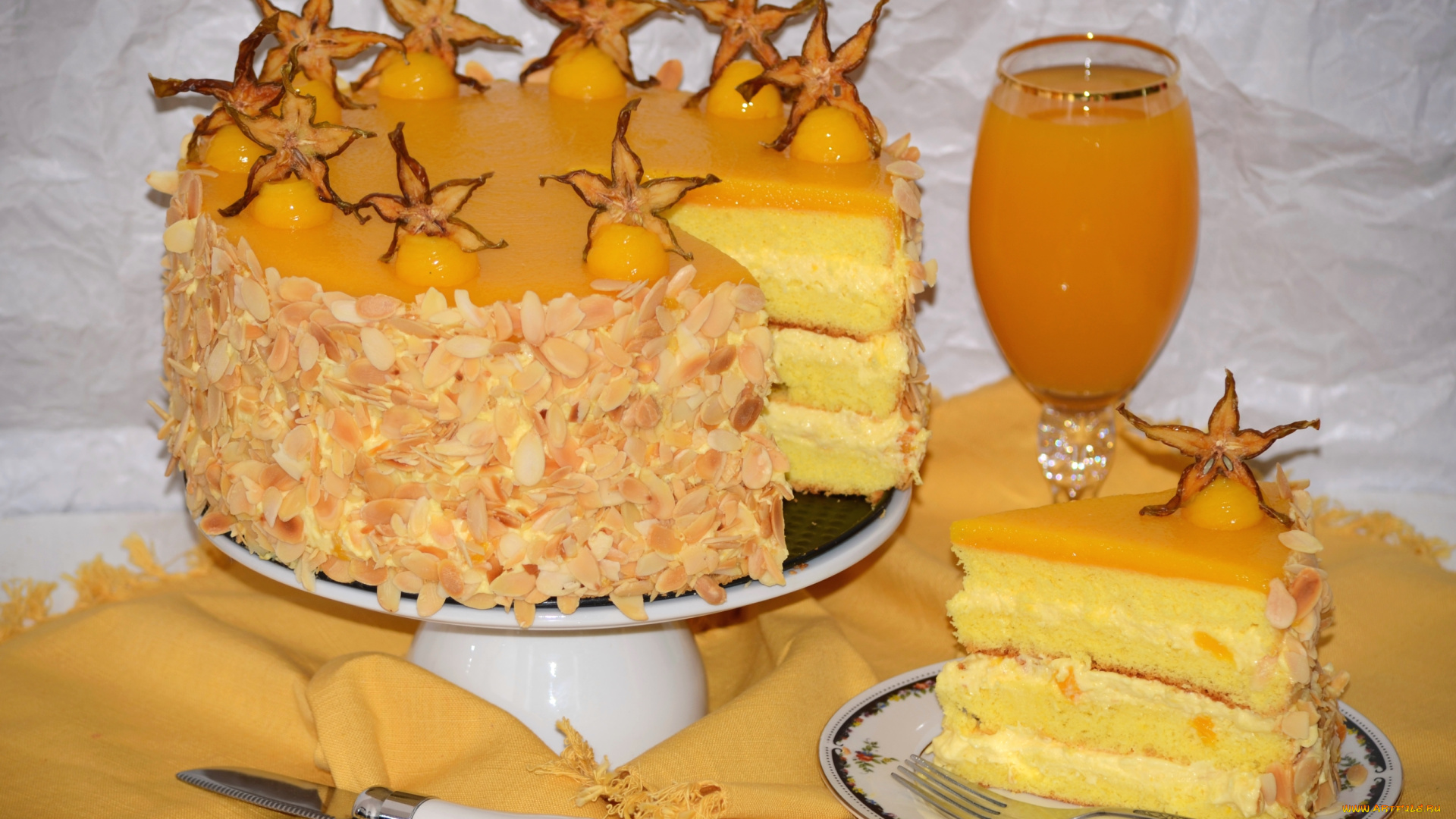 еда, торты, карамболь, сок, крем, миндаль