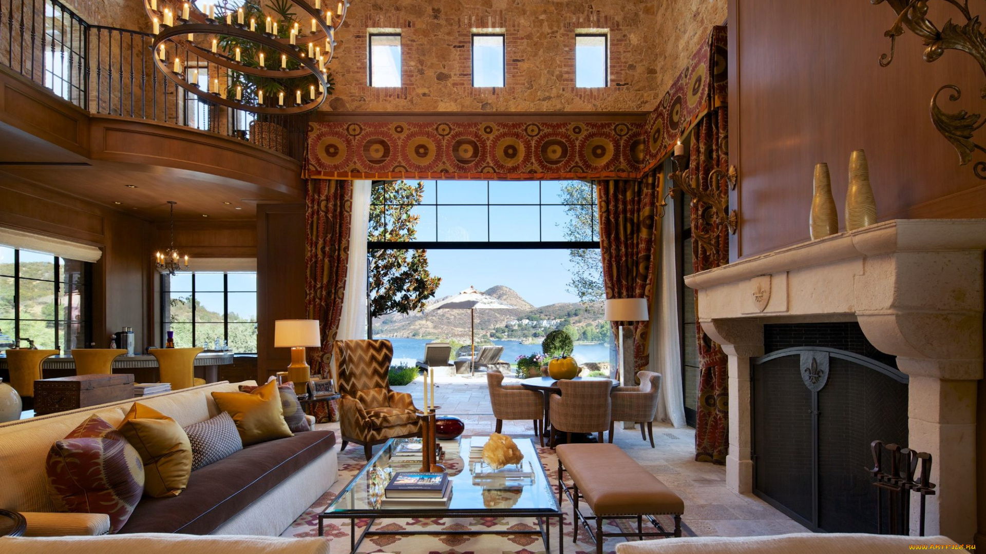 интерьер, гостиная, люстра, диваны, камин