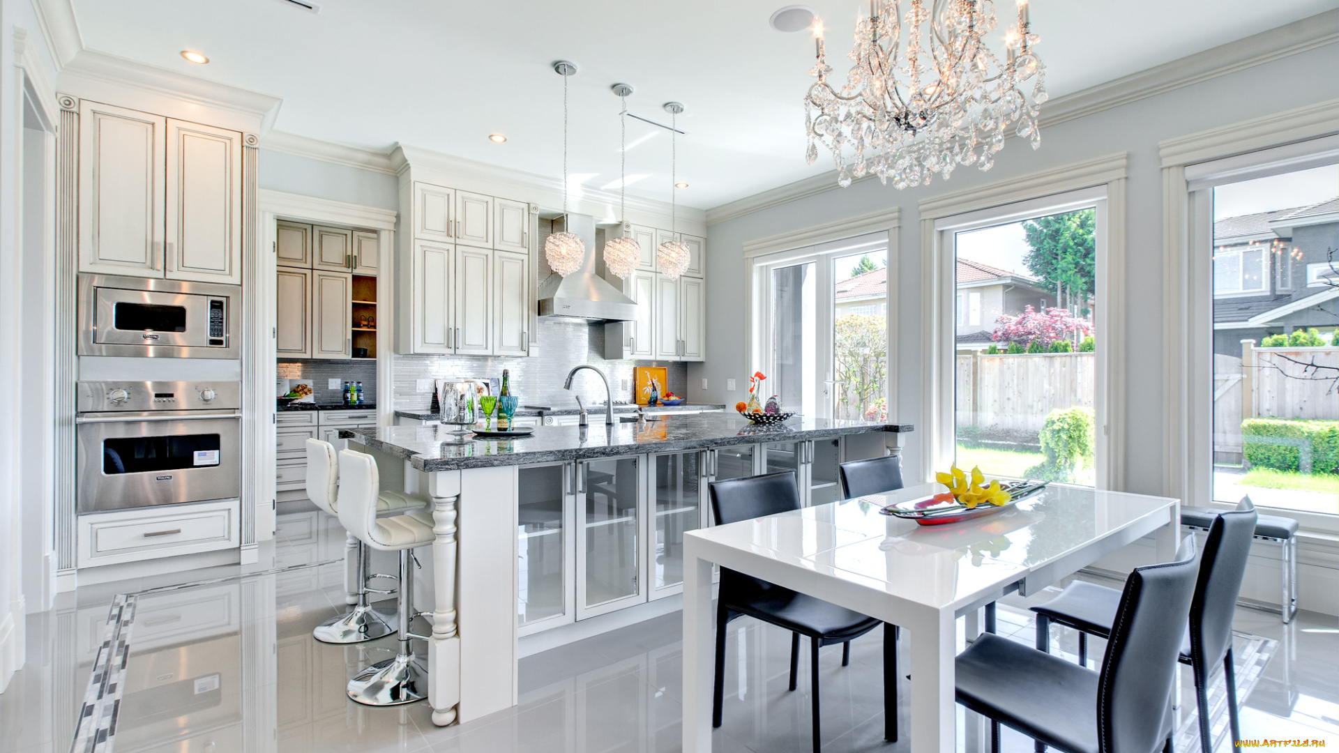 интерьер, кухня, стол, люстра