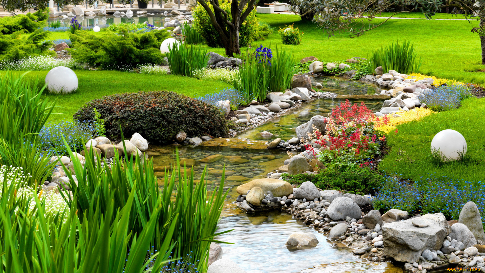 природа, парк, камни, трава, цветы, ручей