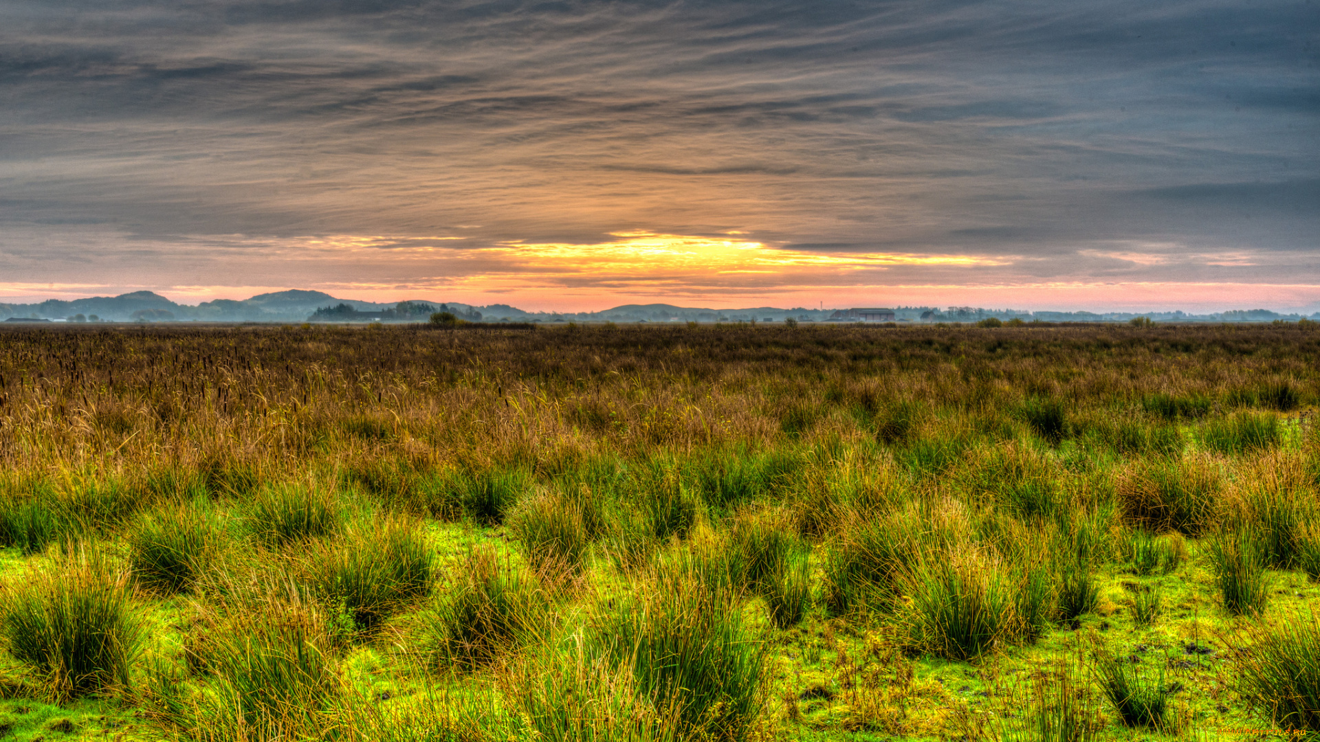 природа, пейзажи, поле, тучи, горы, трава