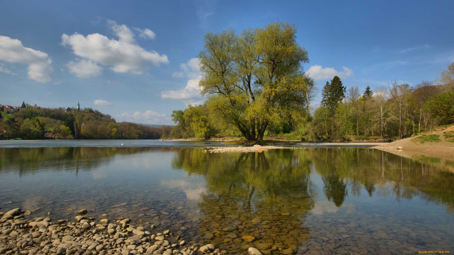 природа, реки, озера, камни, заводь, река, деревья