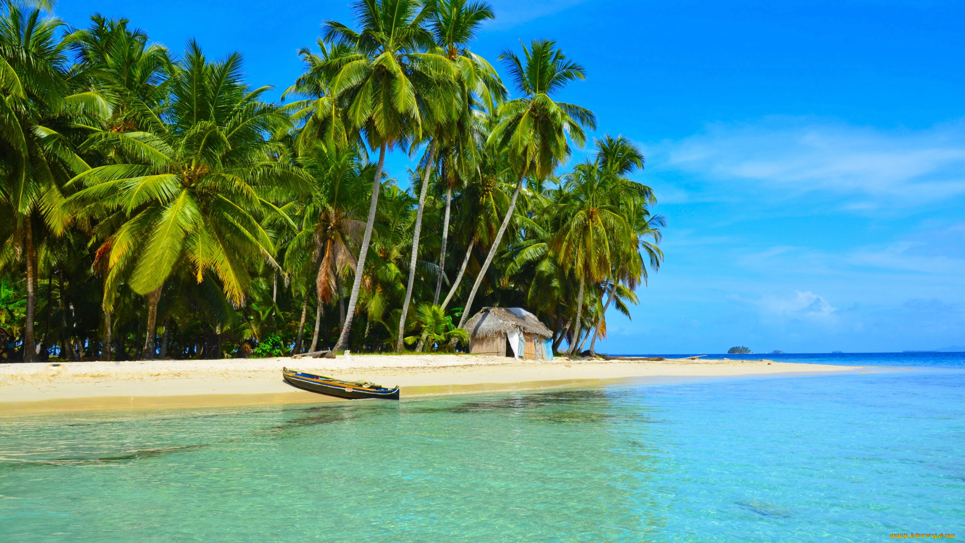 природа, тропики, пальмы, океан, пляж, побережье, лодка, каноэ, хижина