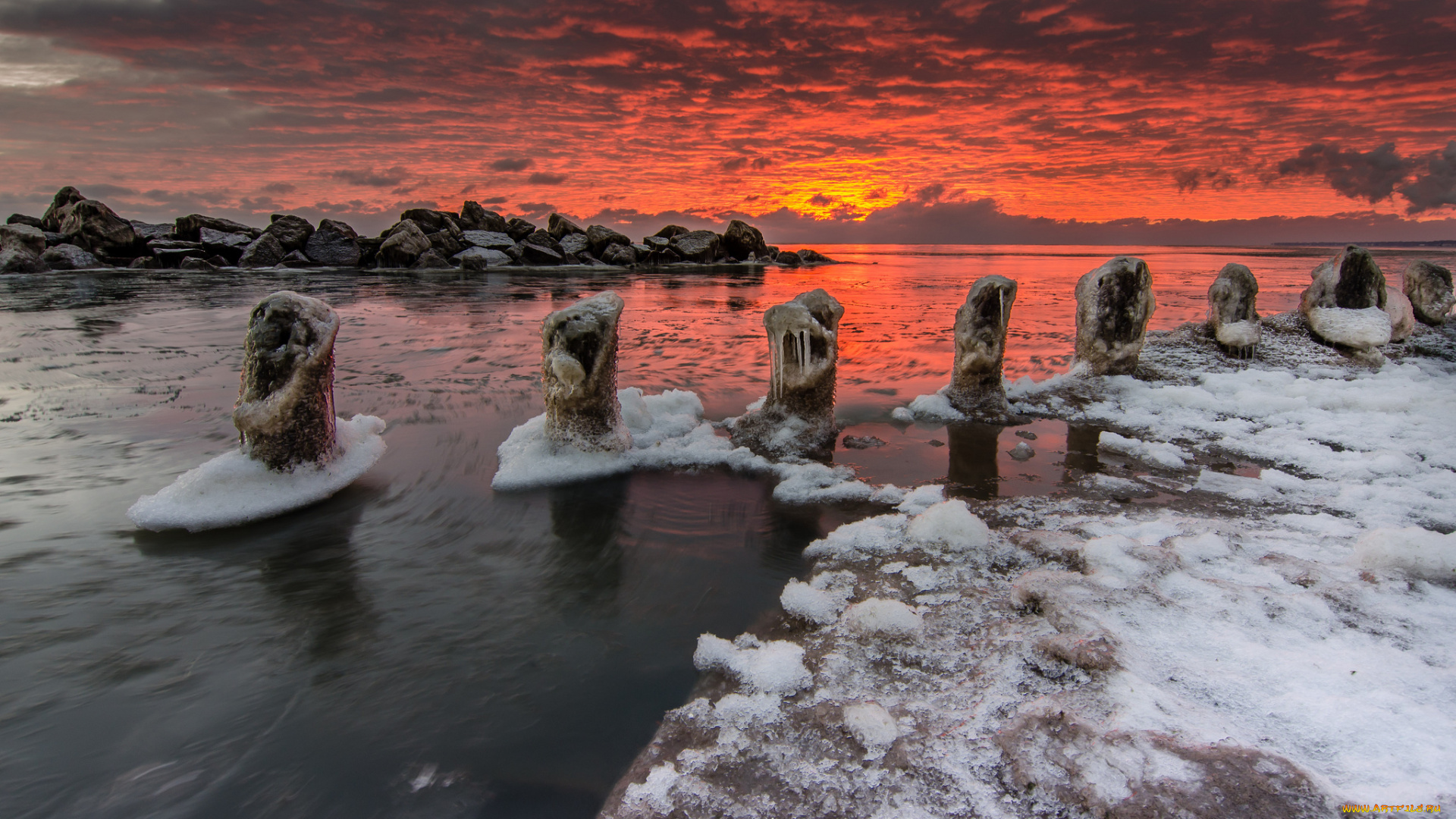 природа, восходы, закаты, камни, океан, лед, сваи, зарево, тучи