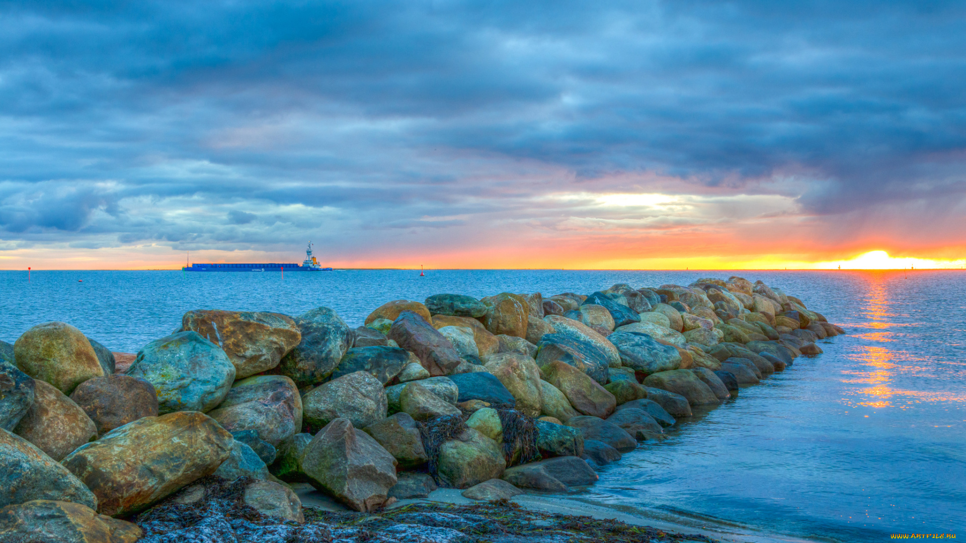 природа, восходы, закаты, океан, тучи, горизонт, камни, коса
