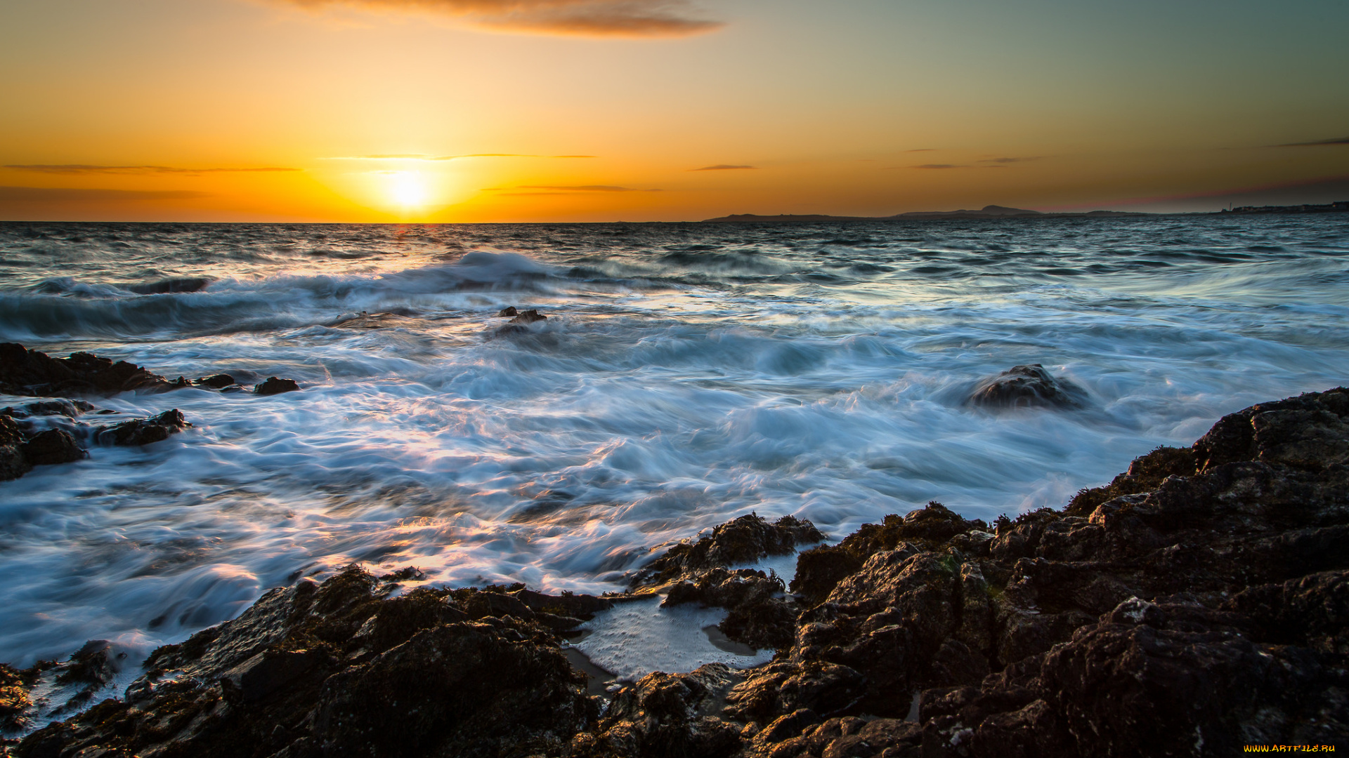 природа, восходы, закаты, океан, заря, солнце, горизонт, волны, камни