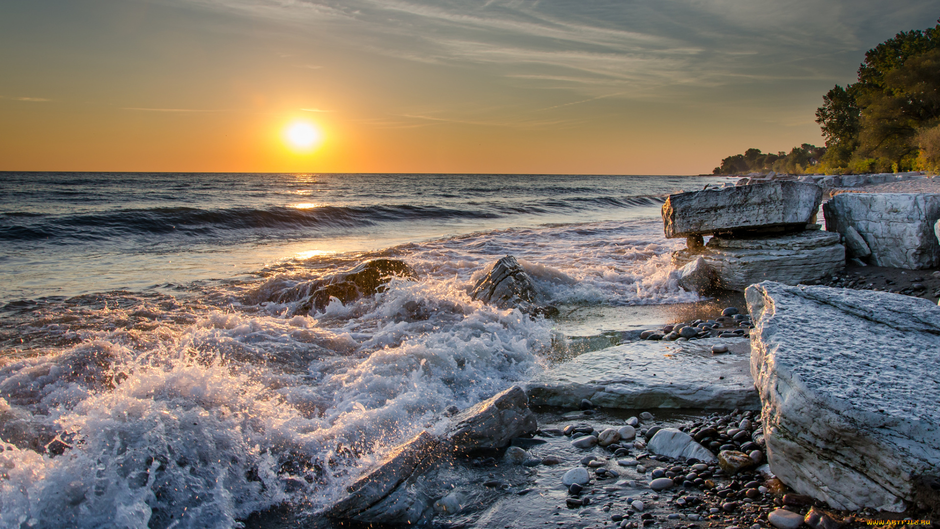 природа, восходы, закаты, солнце, горизонт, прибой, камни, пляж, океан