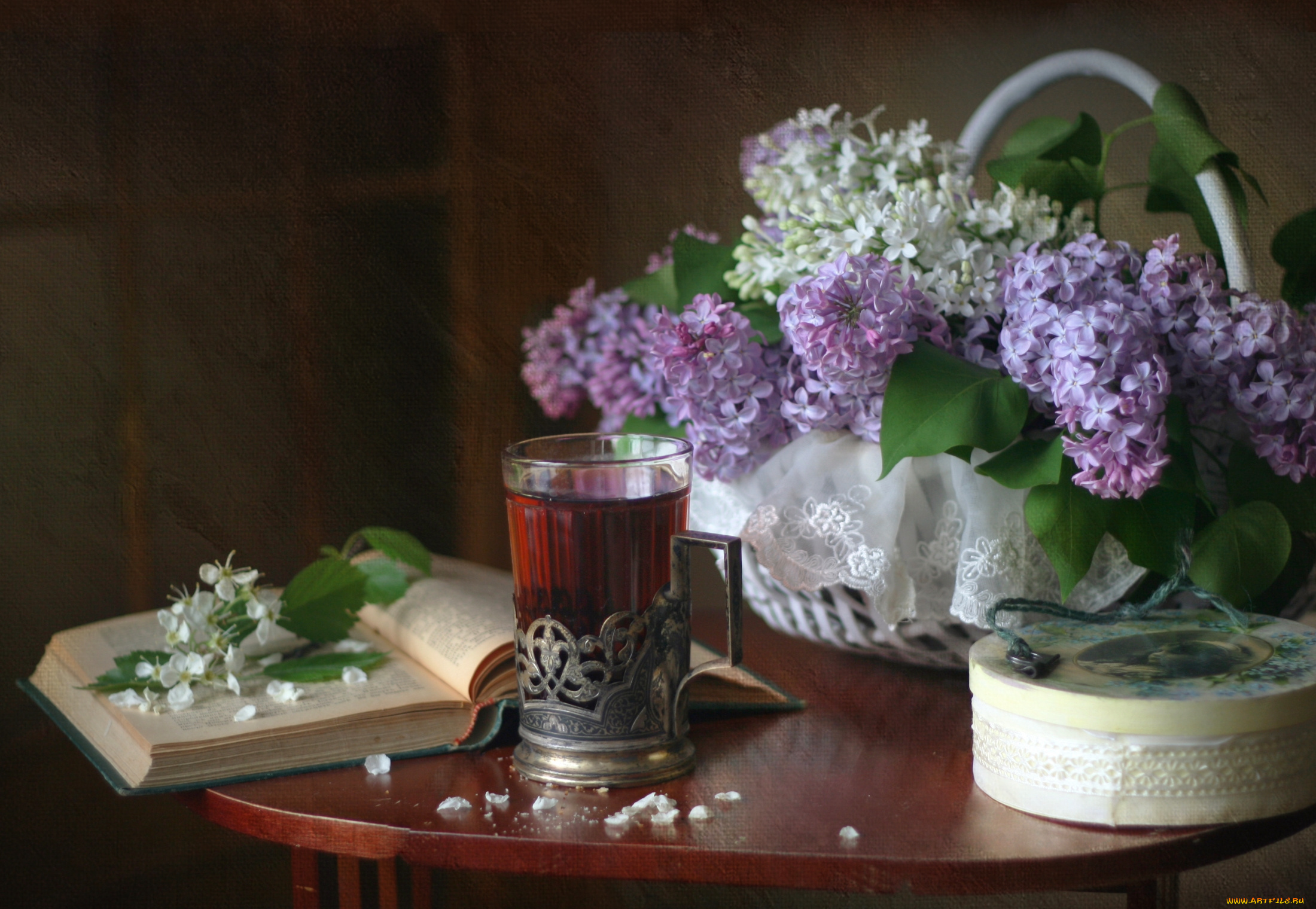 еда, напитки, , Чай, книга, стакан, сирень