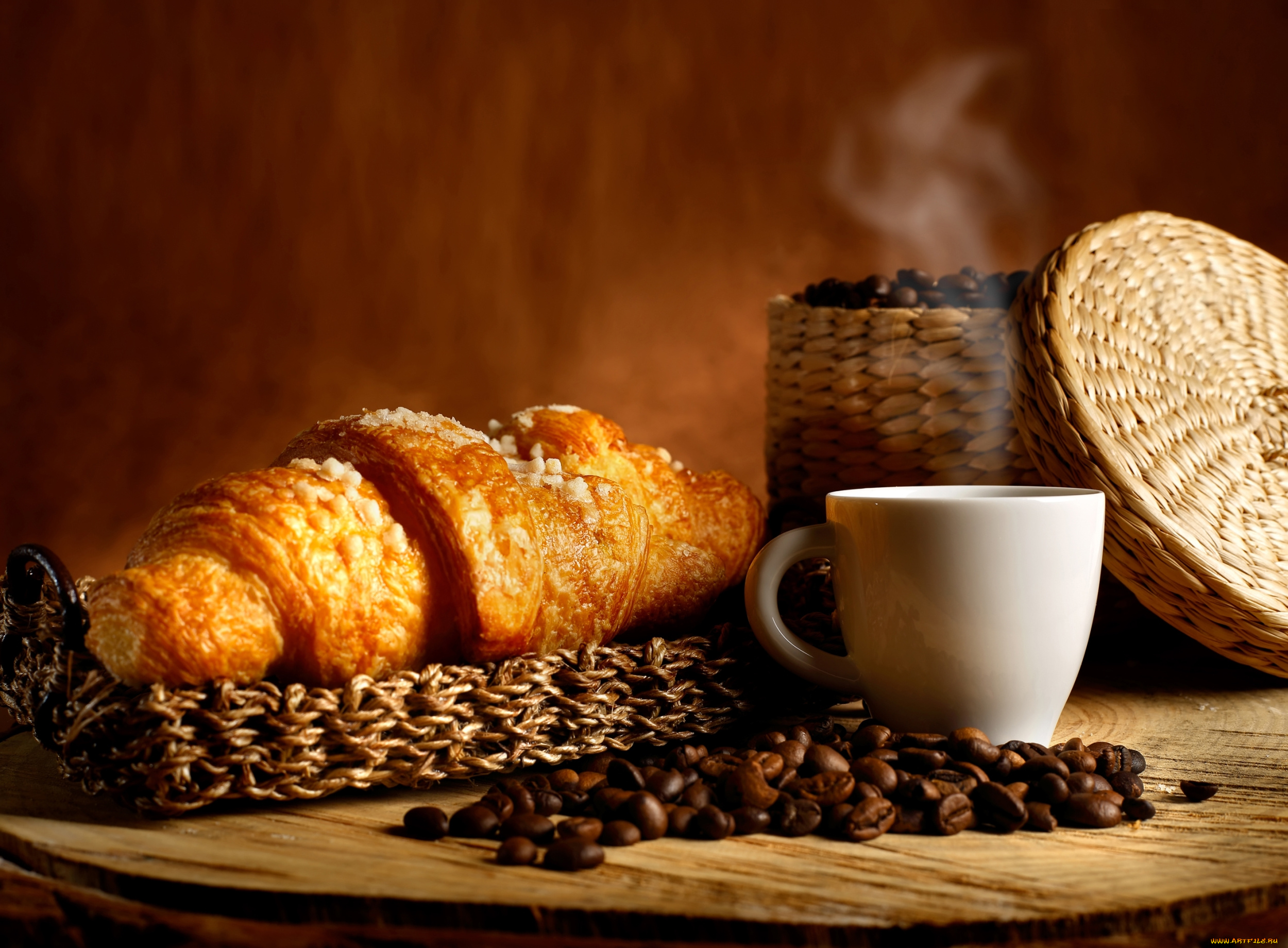 еда, кофе, , кофейные, зёрна, чашка, круассан