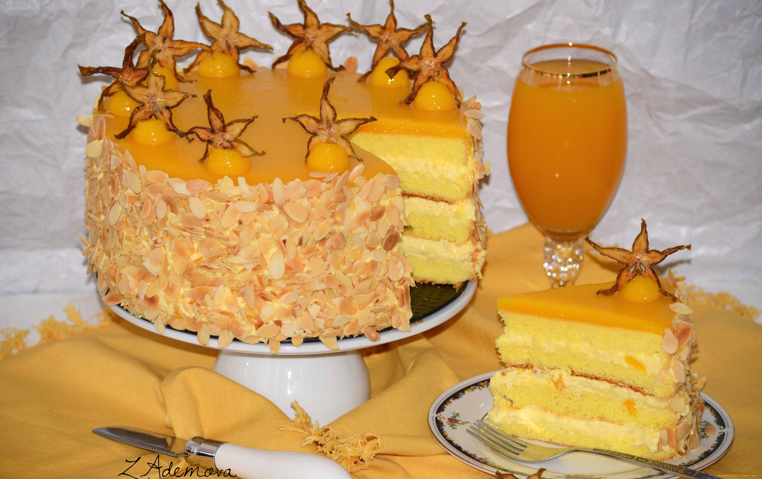 еда, торты, карамболь, сок, крем, миндаль