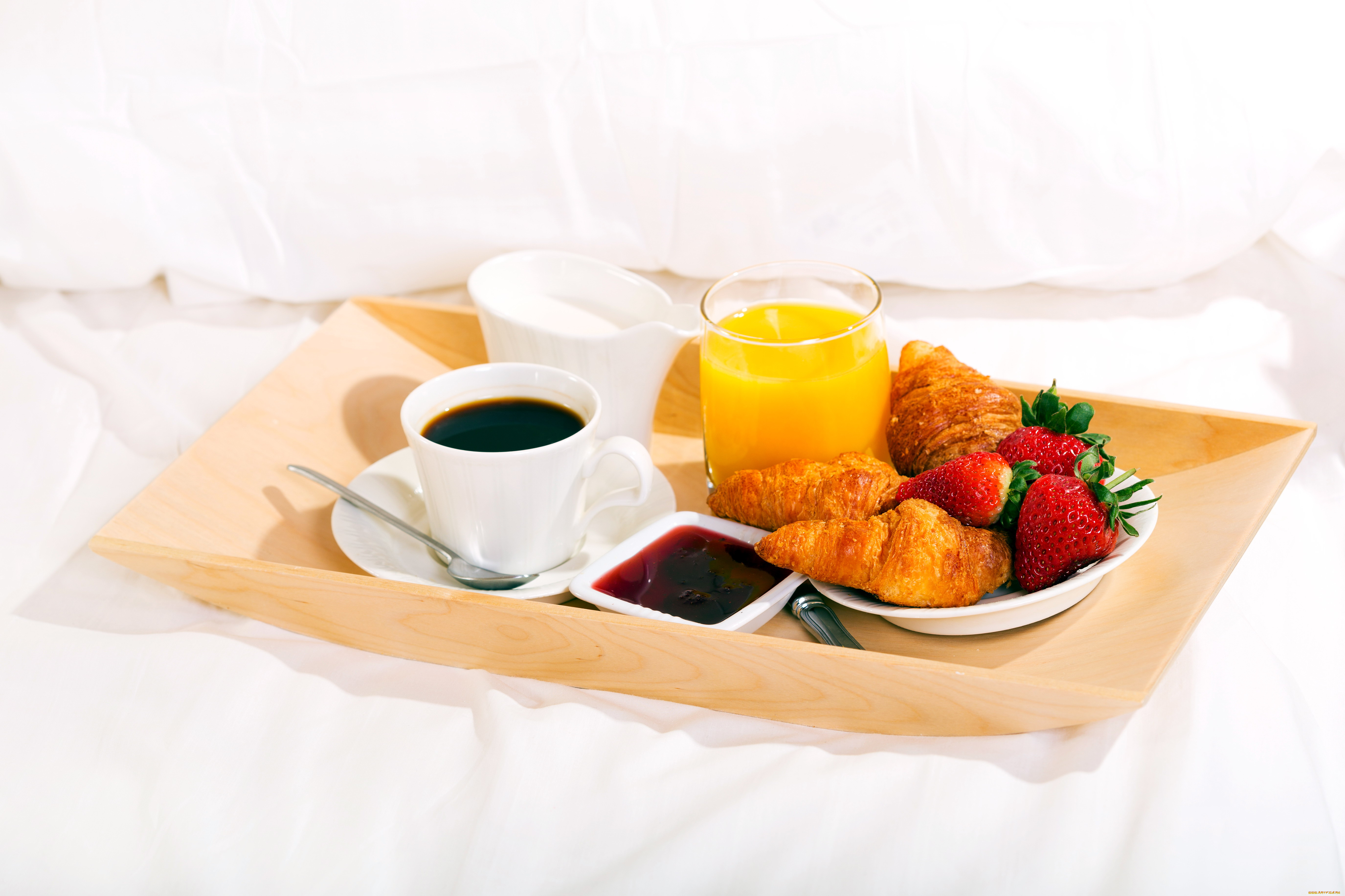 еда, разное, джем, клубника, круассаны, сок, кофе, сливки