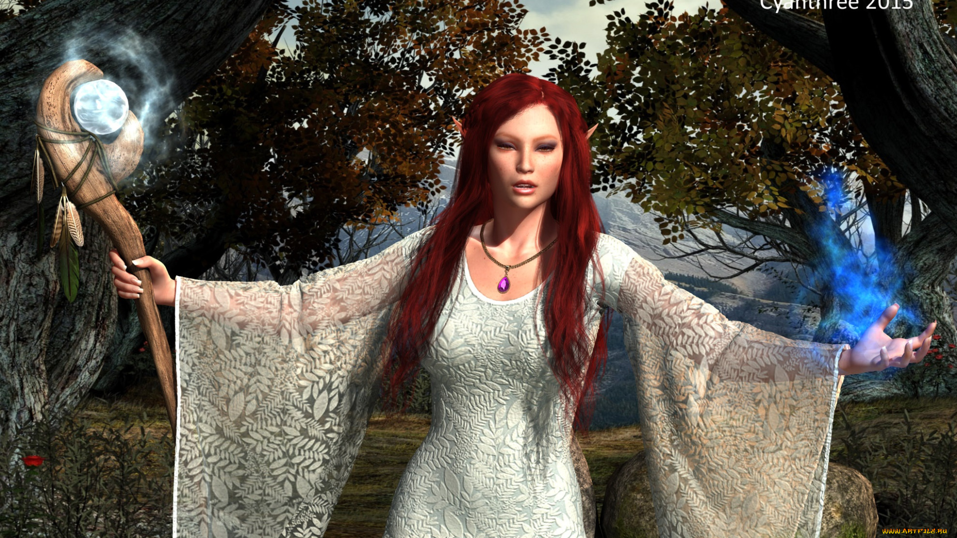 3д, графика, эльфы, , elves, магия, шест, фон, взгляд, эльфийка