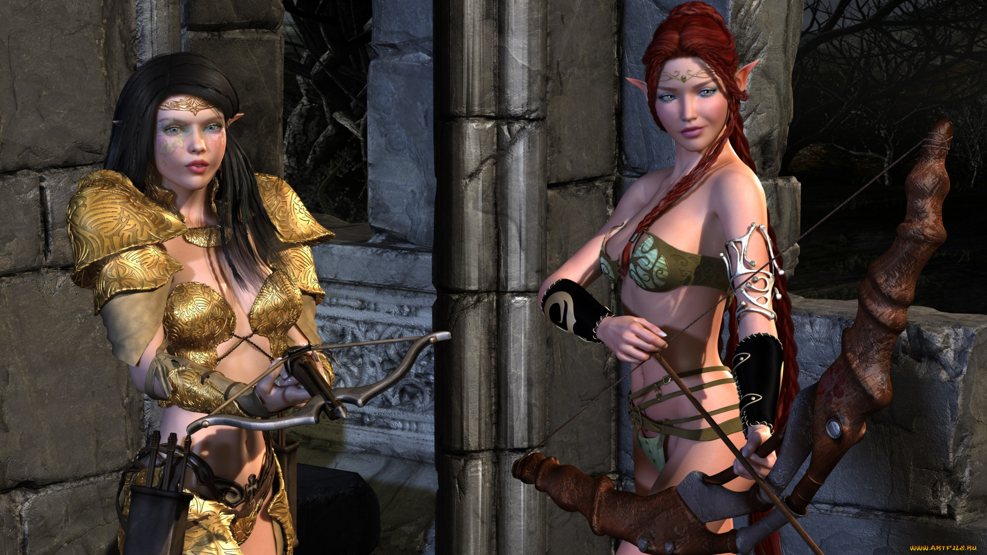 3д, графика, эльфы, , elves, взгляд, эльфийки, фон, оружие