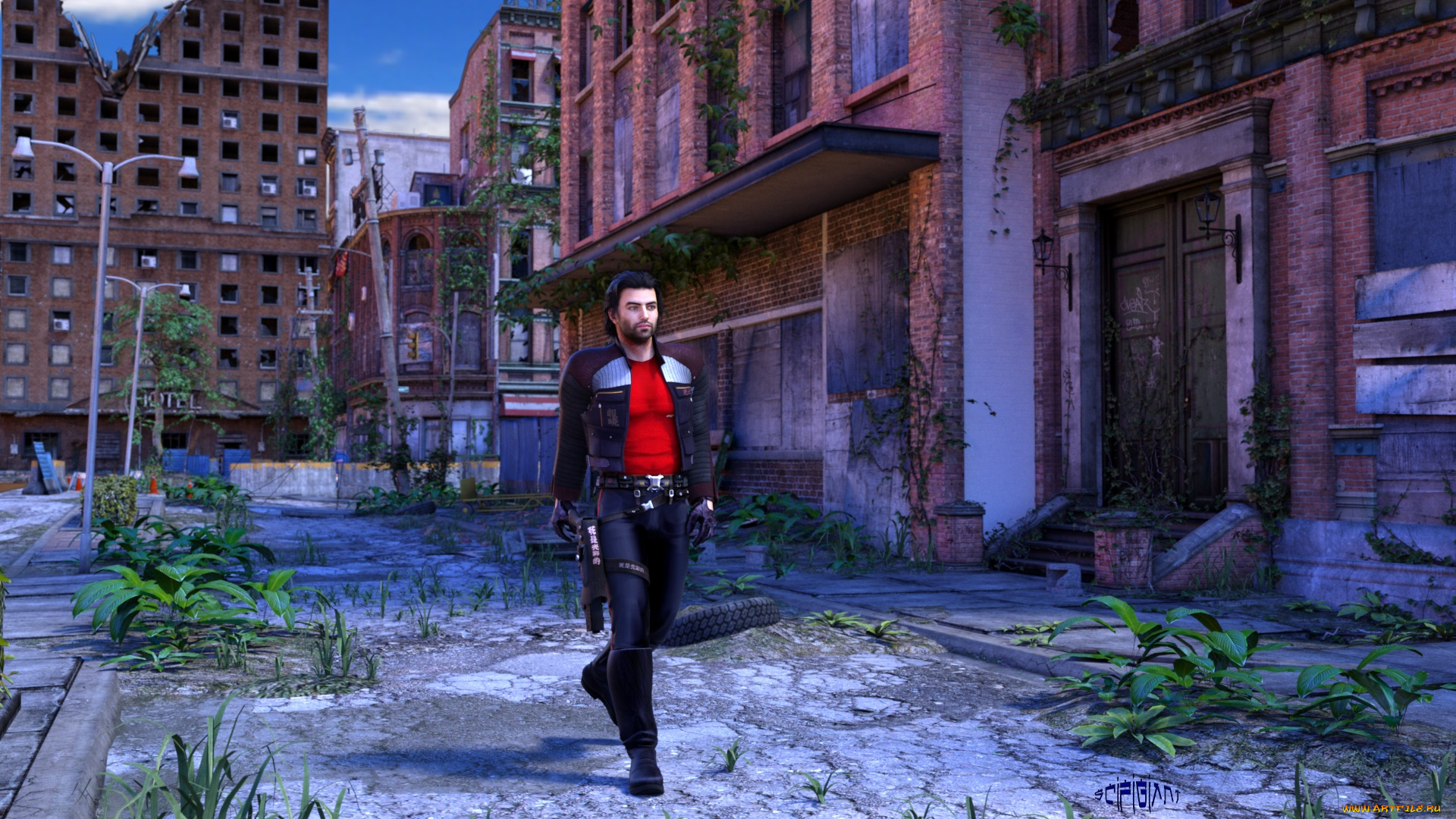 3д, графика, фантазия, , fantasy, фон, руины, оружие, улица, дома, взгляд, мужчина