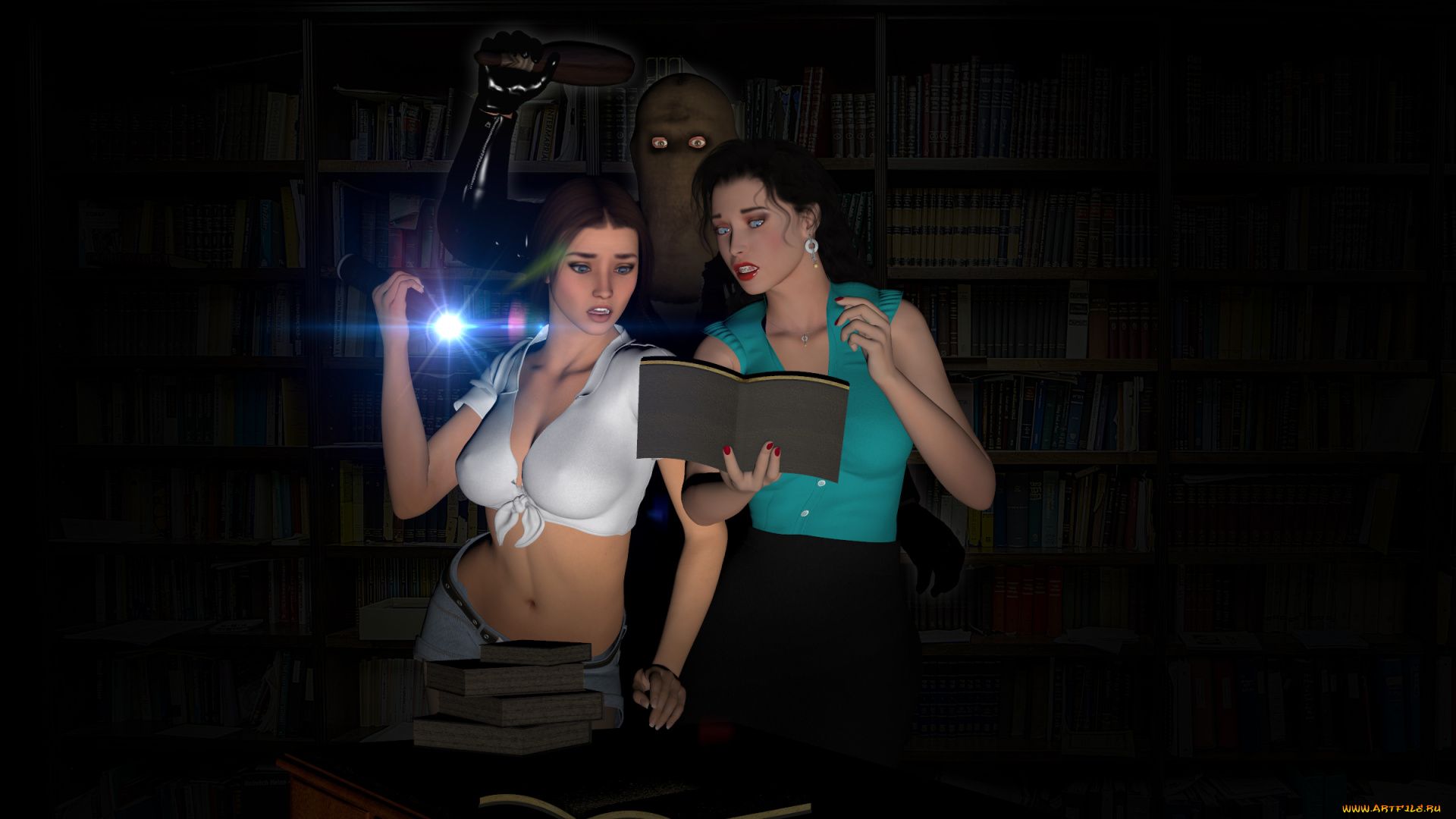 3д, графика, фантазия, , fantasy, книги, фонарик, взгляд, фон, девушки
