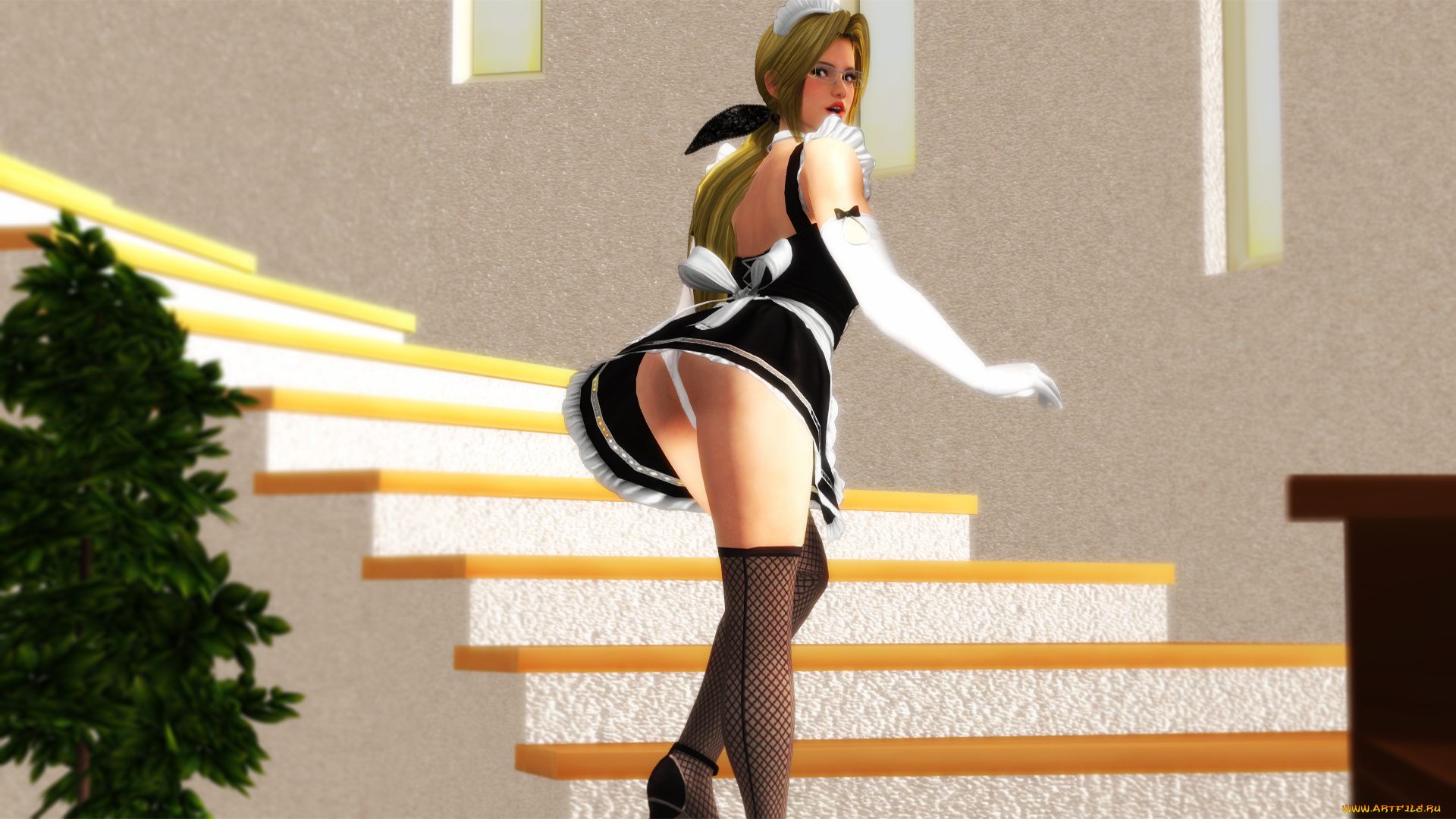 3д, графика, фантазия, , fantasy, взгляд, девушка, лестница, фон