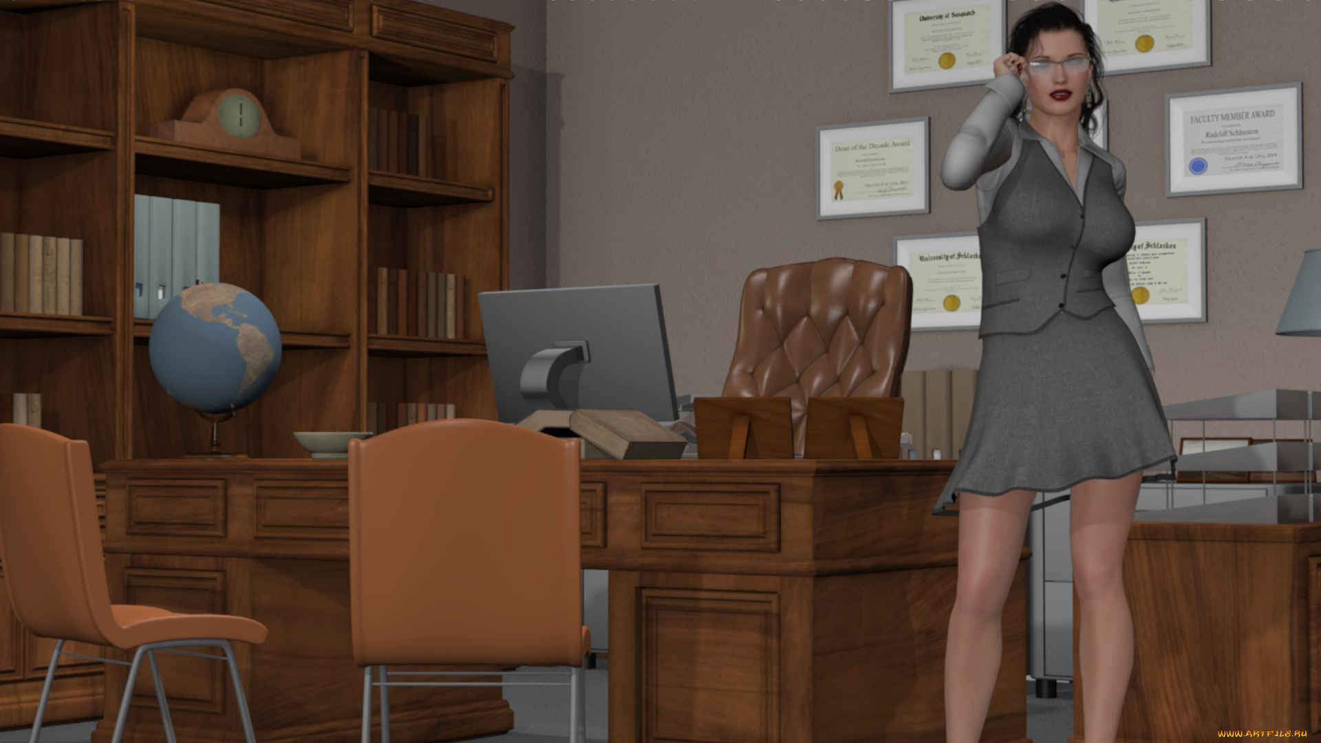 3д, графика, люди, , people, фон, взгляд, книги, девушка, кресло, офис, стол