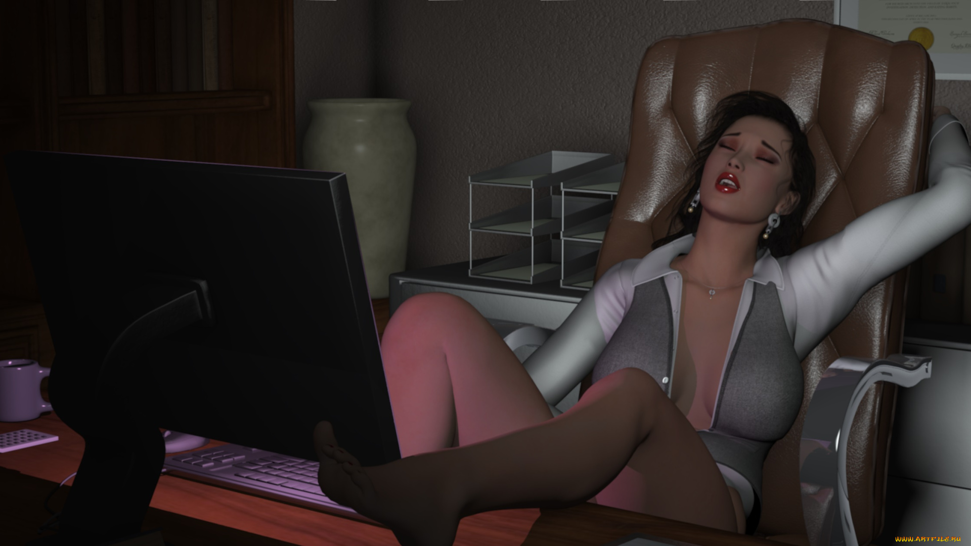 3д, графика, люди, , people, компьютер, интерьер, кресло, фон, взгляд, девушка