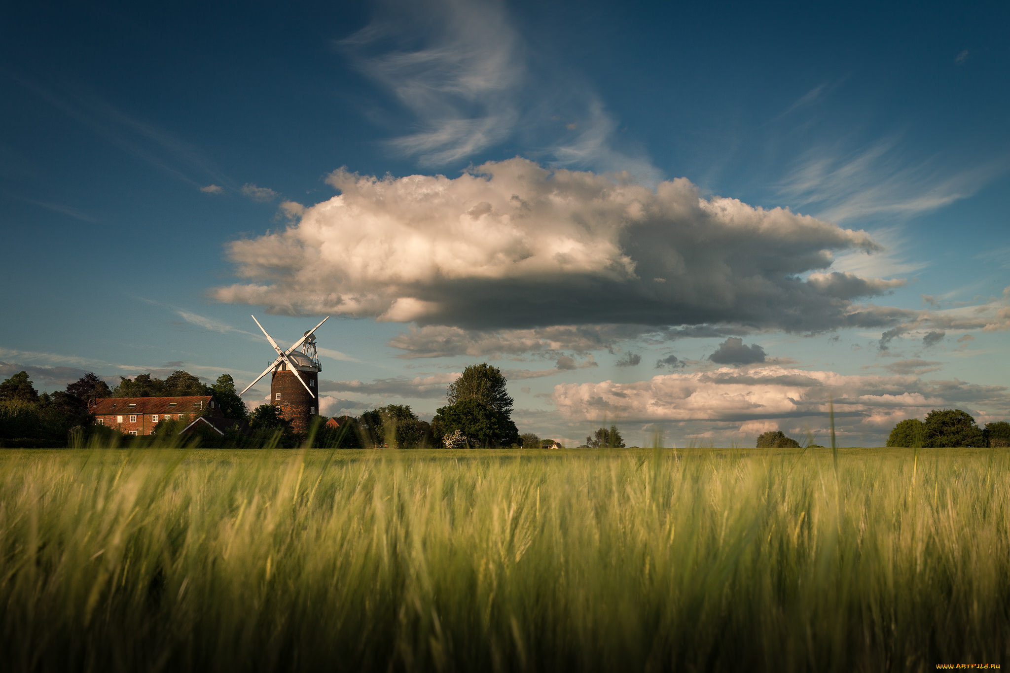 разное, мельницы, облака, небо, великобритания, поле, весна, old, buckenham, посёлок