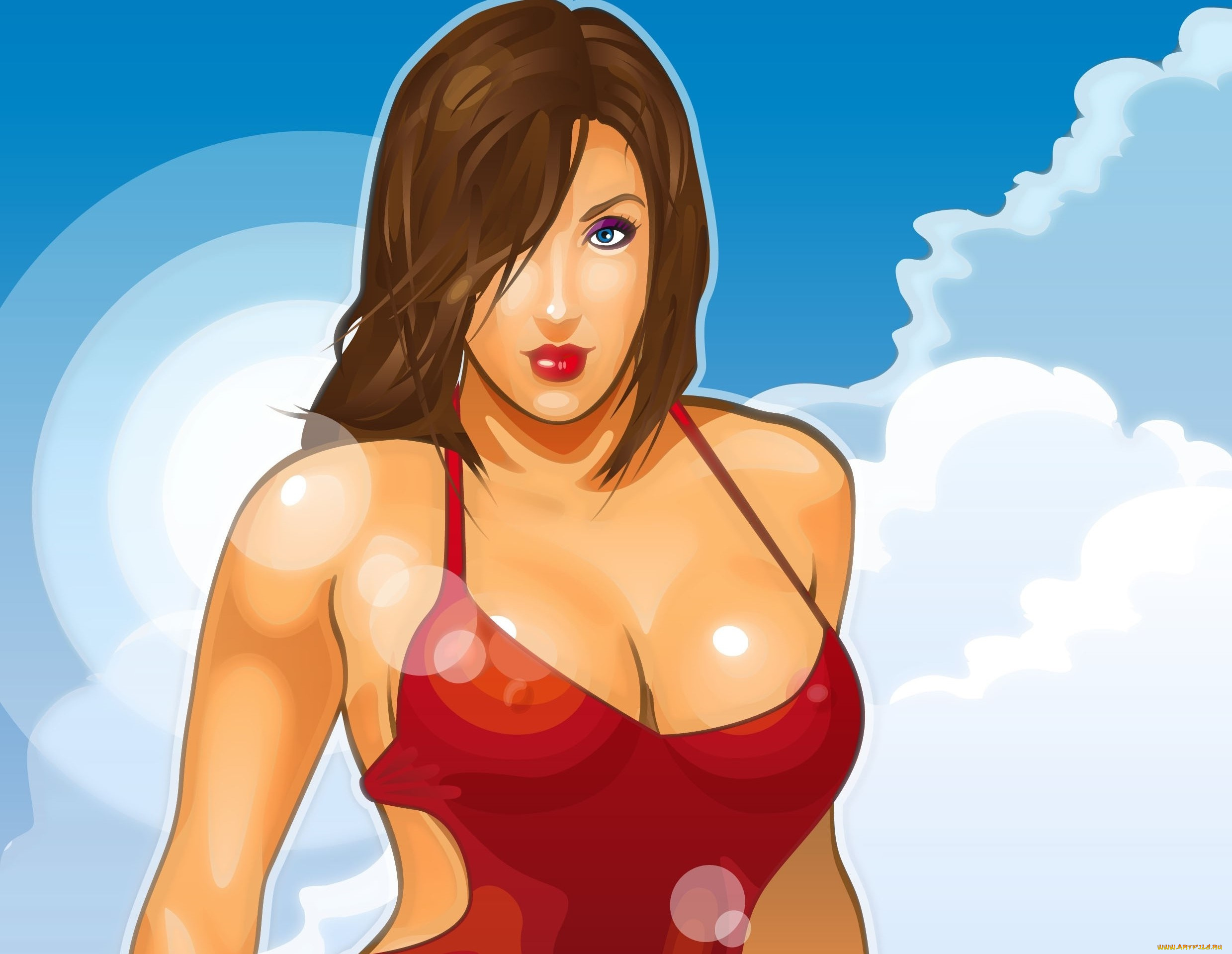 рисованное, люди, девушка, взгляд, фон, облака