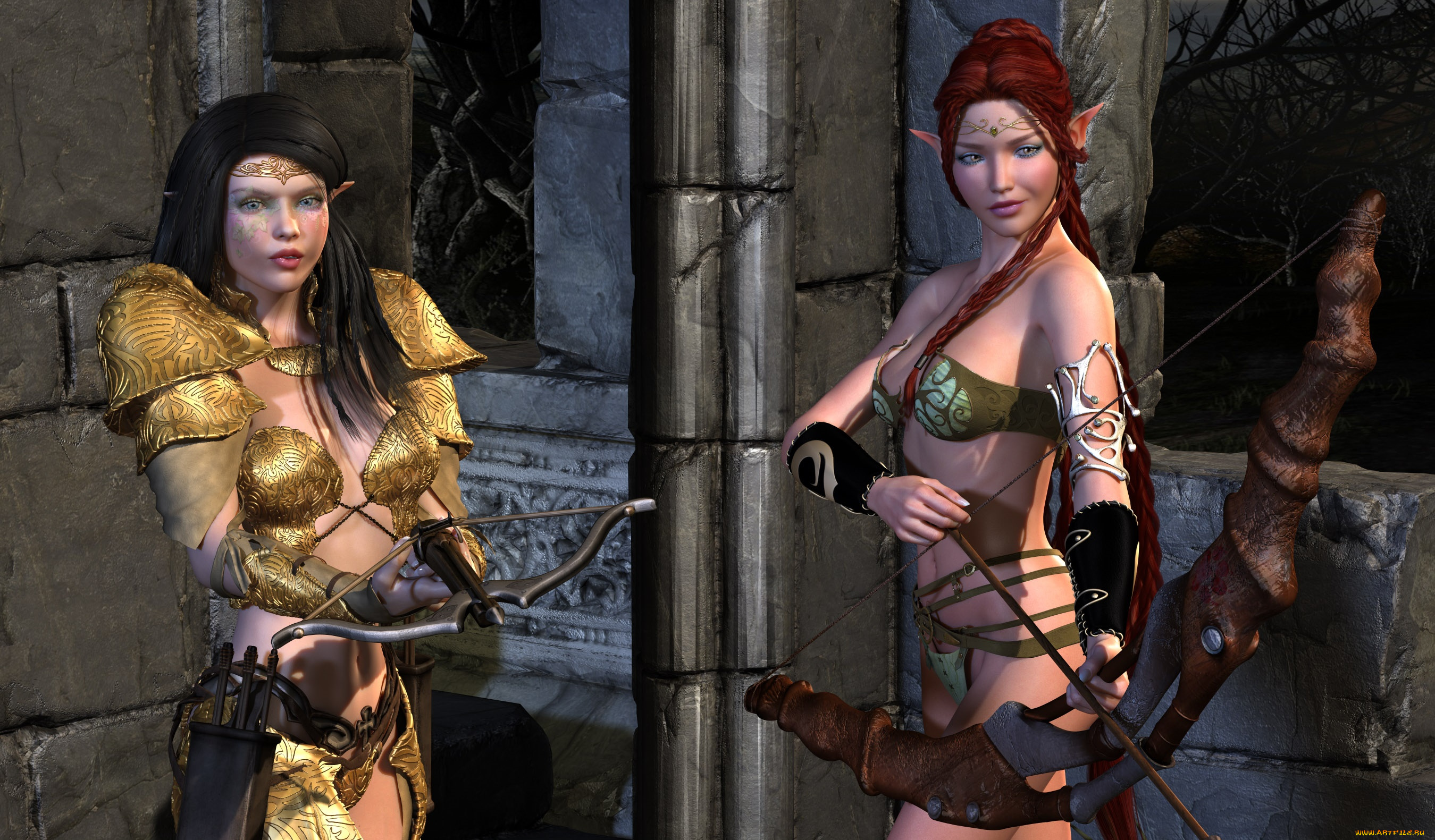 3д, графика, эльфы, , elves, взгляд, эльфийки, фон, оружие