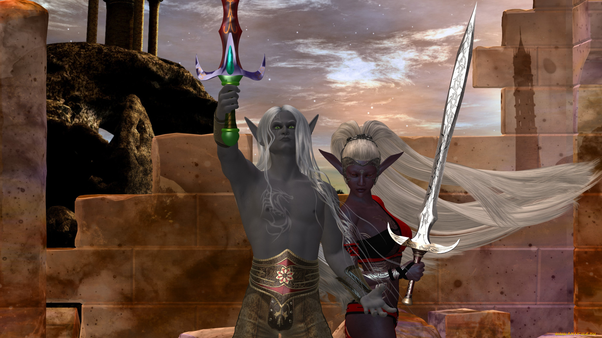 3д, графика, эльфы, , elves, эльфийки, оружие, фон, взгляд