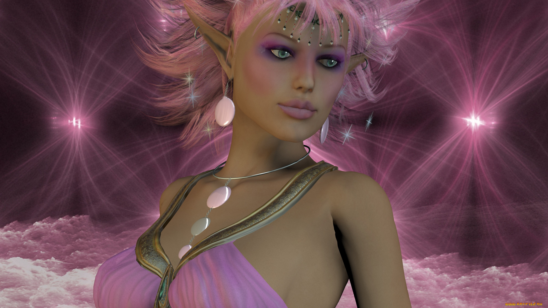 3д, графика, эльфы, , elves, взгляд, эльфийка, фон