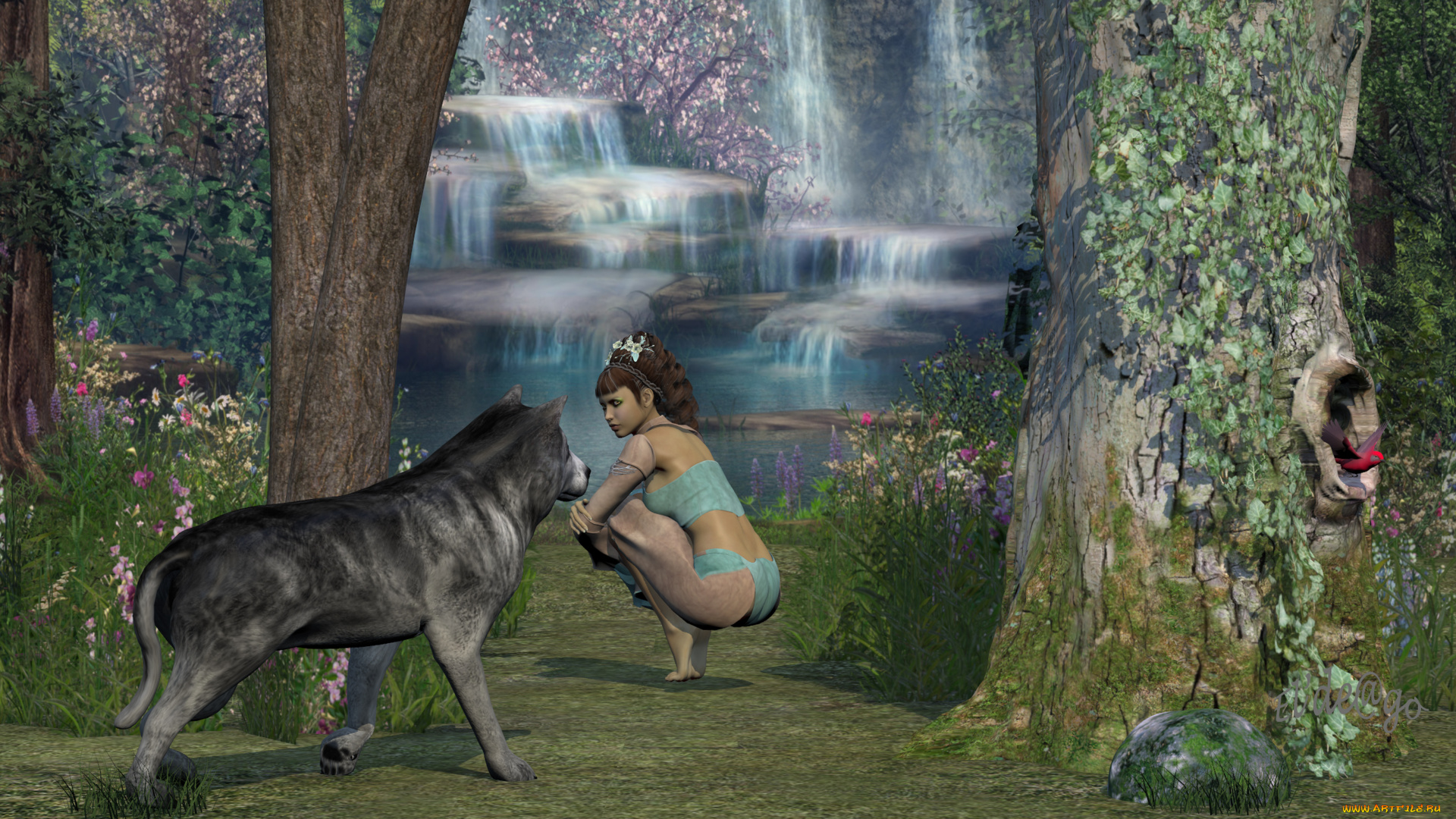 3д, графика, фантазия, , fantasy, лес, фон, взгляд, цветы, волк, девушка, водопад