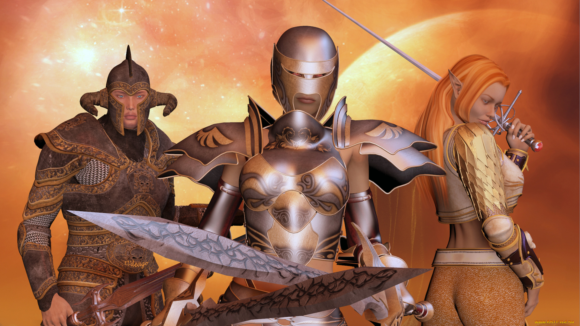 3д, графика, фантазия, , fantasy, оружие, взгляд, фон, девушки