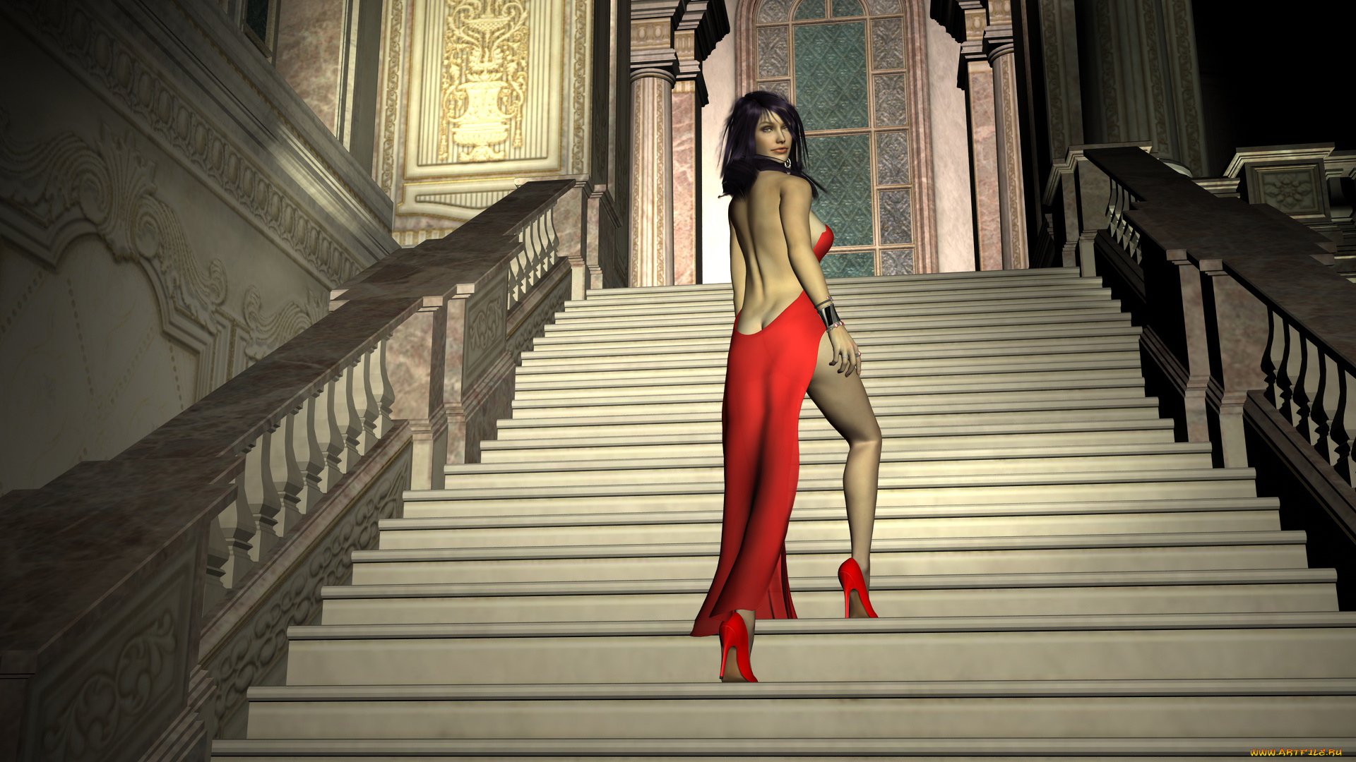 3д, графика, люди, , people, разрез, платье, лестница, взгляд, фон, девушка