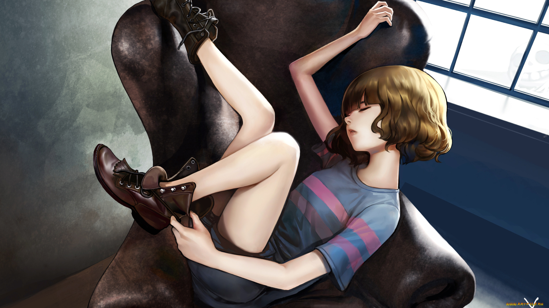 аниме, unknown, , другое, девочка, undertale, кресло, спит