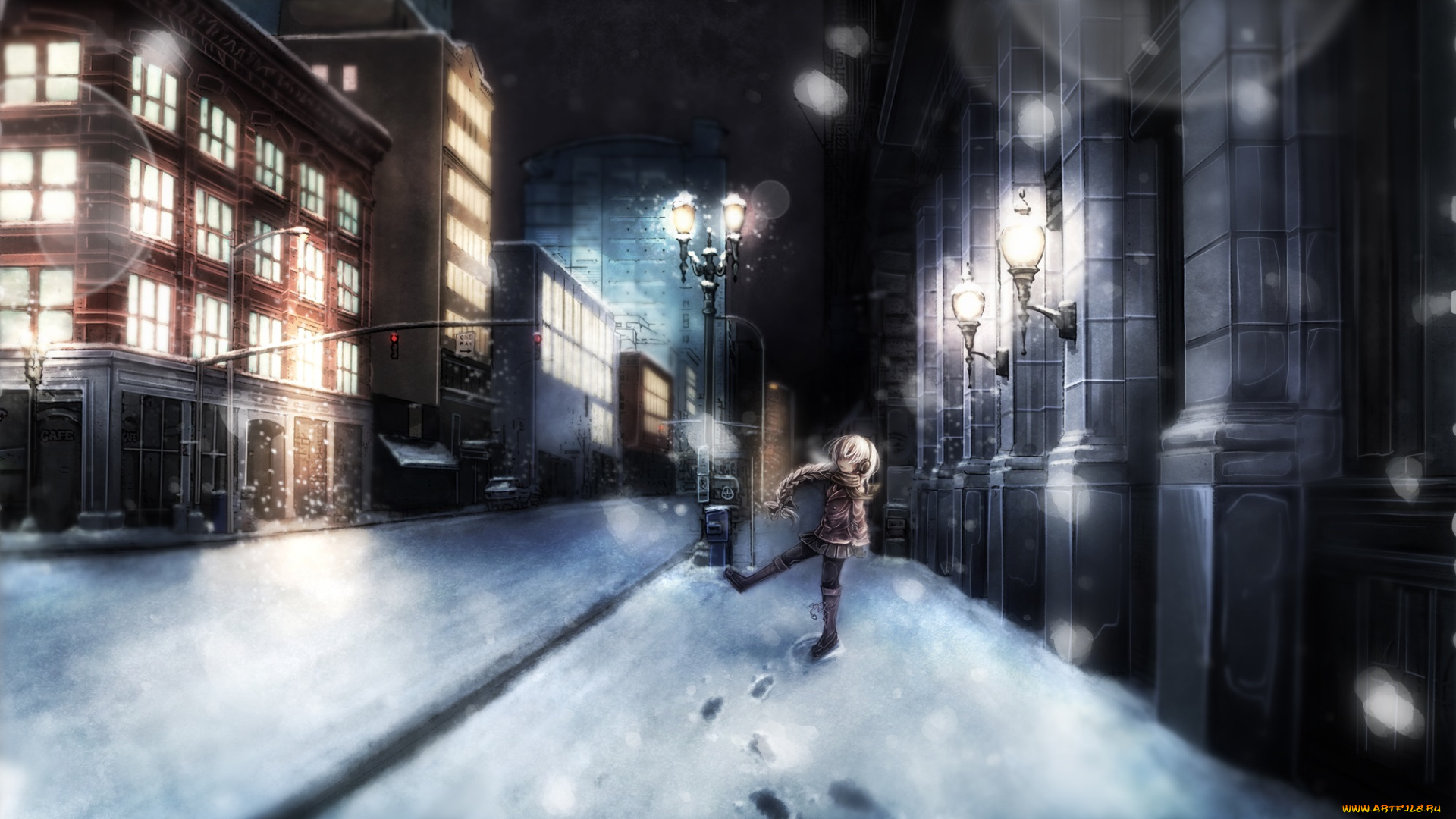 аниме, utau, зима, город, девочка, ночь