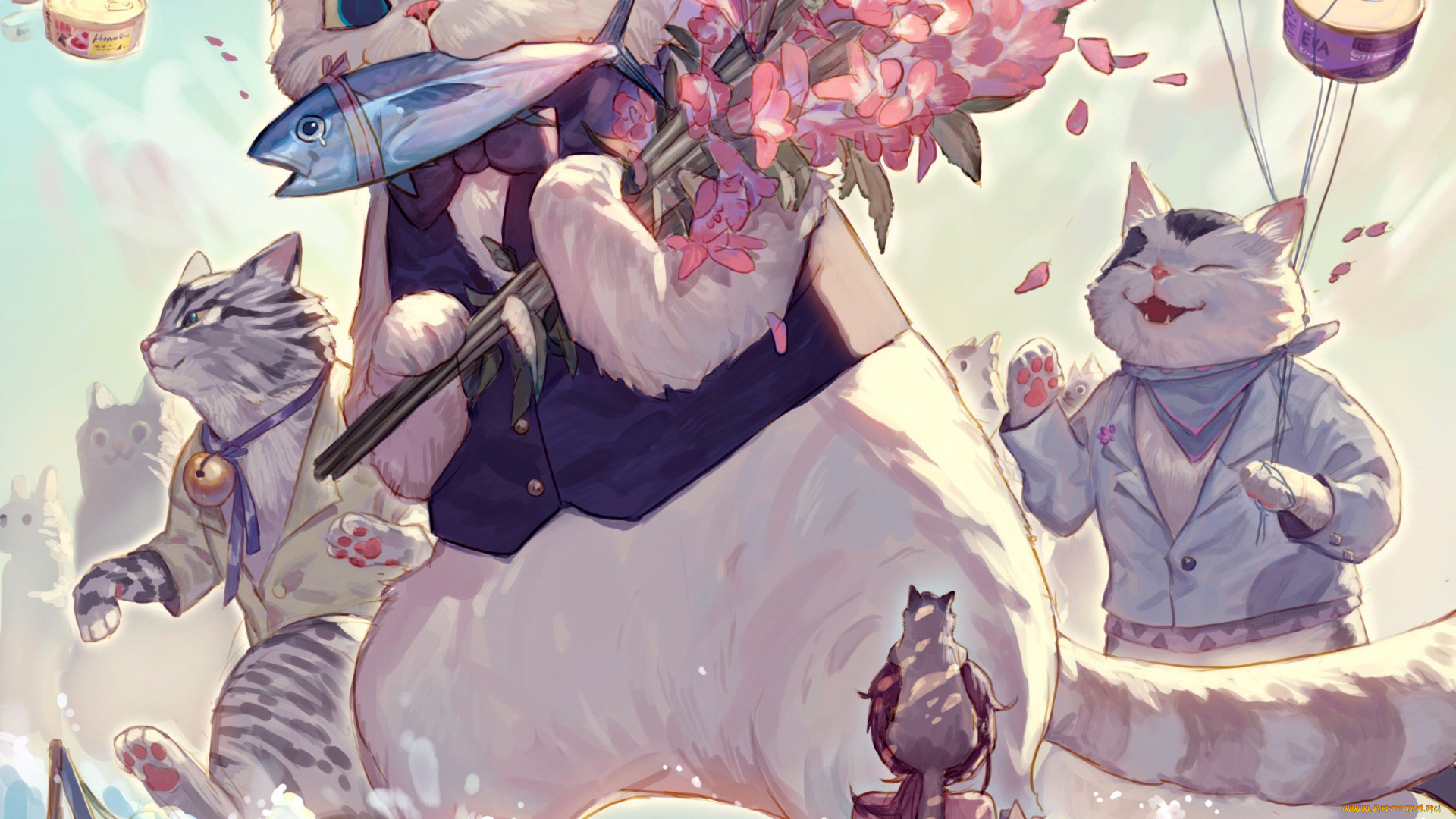 аниме, животные, , существа, коты, букет, рыба